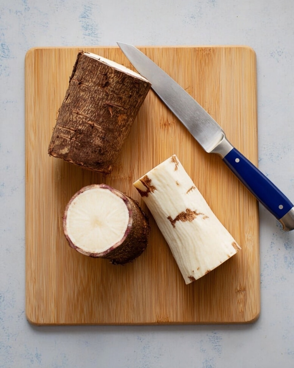 A light brown wooden cutting board sits on a white marbled surface. On the board, there are three pieces of yuca root: one is whole with rough dark brown skin visible, the second is peeled showing a smooth white inside, and the third is a thicker peeled piece showing some dark inner rings and lines. A large knife with a blue handle and silver blade rests diagonally on the right side of the board. photo taken with an iphone --ar 4:5 --v 7