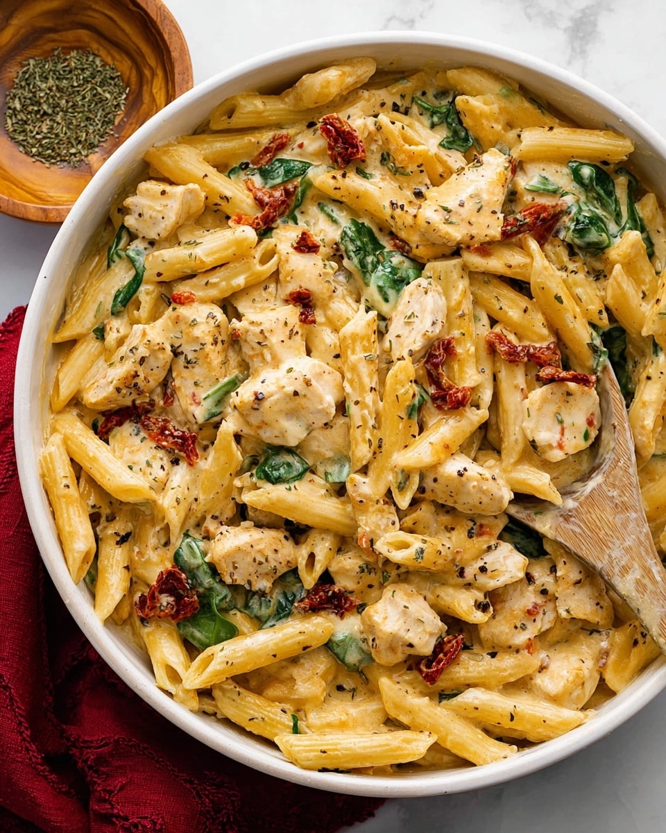 A creamy pasta dish in a white bowl with three main layers: short, tube-shaped penne pasta in a pale yellow sauce that looks rich and smooth, chunks of white chicken pieces mixed throughout, and scattered pieces of sun-dried tomatoes in deep red color along with fresh green spinach leaves. The sauce has a glossy texture and is speckled with black pepper. A wooden spoon is partially submerged on the right side, lifting some pasta layers. The bowl sits on a white marbled surface with a small wooden bowl of dried herbs nearby and a red cloth under the bowl. Photo taken with an iphone --ar 4:5 --v 7