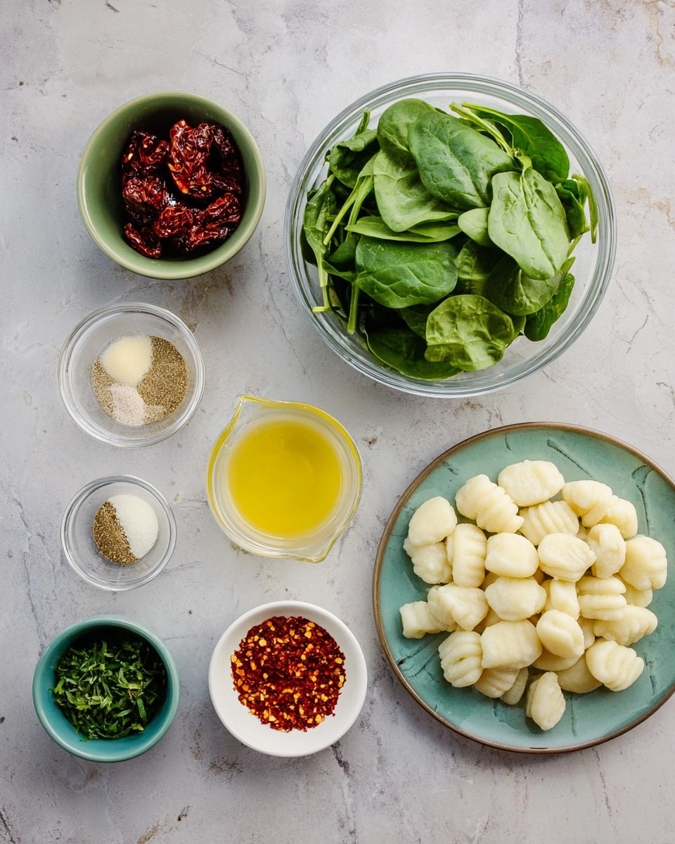The image shows seven small bowls and a plate on a white marbled surface. The plate holds a pile of white, soft, puffy gnocchi pieces on the right side. Above it, a clear glass bowl is full of fresh, bright green spinach leaves. On the left side, from top to bottom, there is a small green bowl filled with dark red sun-dried tomatoes, a clear glass bowl with white and light brown spices, and below them a white measuring cup filled with light yellow oil. Lower down are two small bowls: one white and filled with green herbs, and one teal filled with red chili flakes. The colors contrast well with the white marbled background, creating a fresh and clean look. photo taken with an iphone --ar 4:5 --v 7