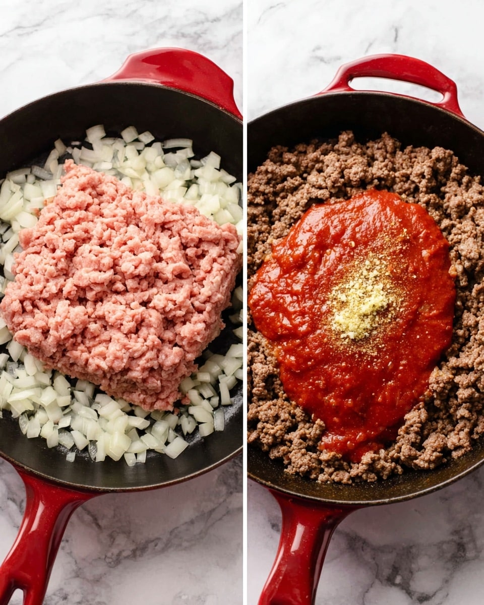 Two images side by side showing a red cast iron pan on a white marbled surface. The first image has one layer of raw pink ground meat placed on top of a scattered layer of chopped white onions inside the pan. The second image shows the cooked brown ground meat spread evenly around the pan's base, topped with a layer of thick red sauce placed mostly in the center, sprinkled with brownish spices on the sauce, and a small pile of finely chopped light yellow garlic on top. Photo taken with an iphone --ar 4:5 --v 7