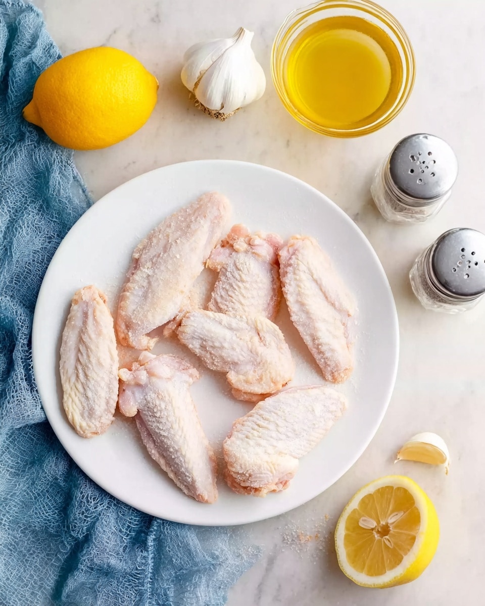 A white plate holds six raw chicken wings arranged in a loose circle, each wing pale with a slightly powdery texture from seasoning or flour. Around the plate, on a white marbled surface, there is a garlic bulb near the top, a halved lemon, a small glass container of yellow oil, a steel salt shaker, and a glass with a yellow liquid, possibly juice or oil. A woman's hand is about to pick up one of the wings from the plate. The background has a soft blue cloth adding color contrast. Photo taken with an iphone --ar 4:5 --v 7
