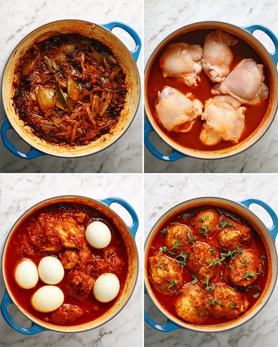 The image shows four stages of cooking a chicken stew in a white cast iron pot with blue handles, placed on a white marbled surface. In the top left section, caramelized onions and spices with a mix of red and green colors form the base layer. The top right section shows pieces of raw chicken with pale pink skin soaking in a red sauce filled with spices. The bottom left section has cooked chicken pieces in a thick red sauce, with several whole boiled eggs added on top. The bottom right section shows the final cooked dish with browned chicken pieces and boiled eggs halved, all in a rich red sauce, decorated with small green herb leaves scattered on top. photo taken with an iphone --ar 4:5 --v 7