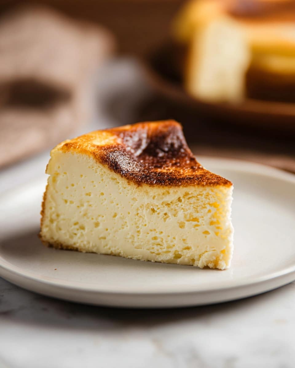 A single slice of creamy cheesecake sits on a white round plate on a white marbled surface. The cheesecake has two visible layers: a thick, dense pale yellow bottom layer and a slightly lighter creamy middle layer with a smooth texture and small specks. The top layer is golden brown and slightly burnt in places, adding a rough textured contrast. The background is softly blurred with warm brown tones, highlighting the cheesecake slice in the front. photo taken with an iphone --ar 4:5 --v 7