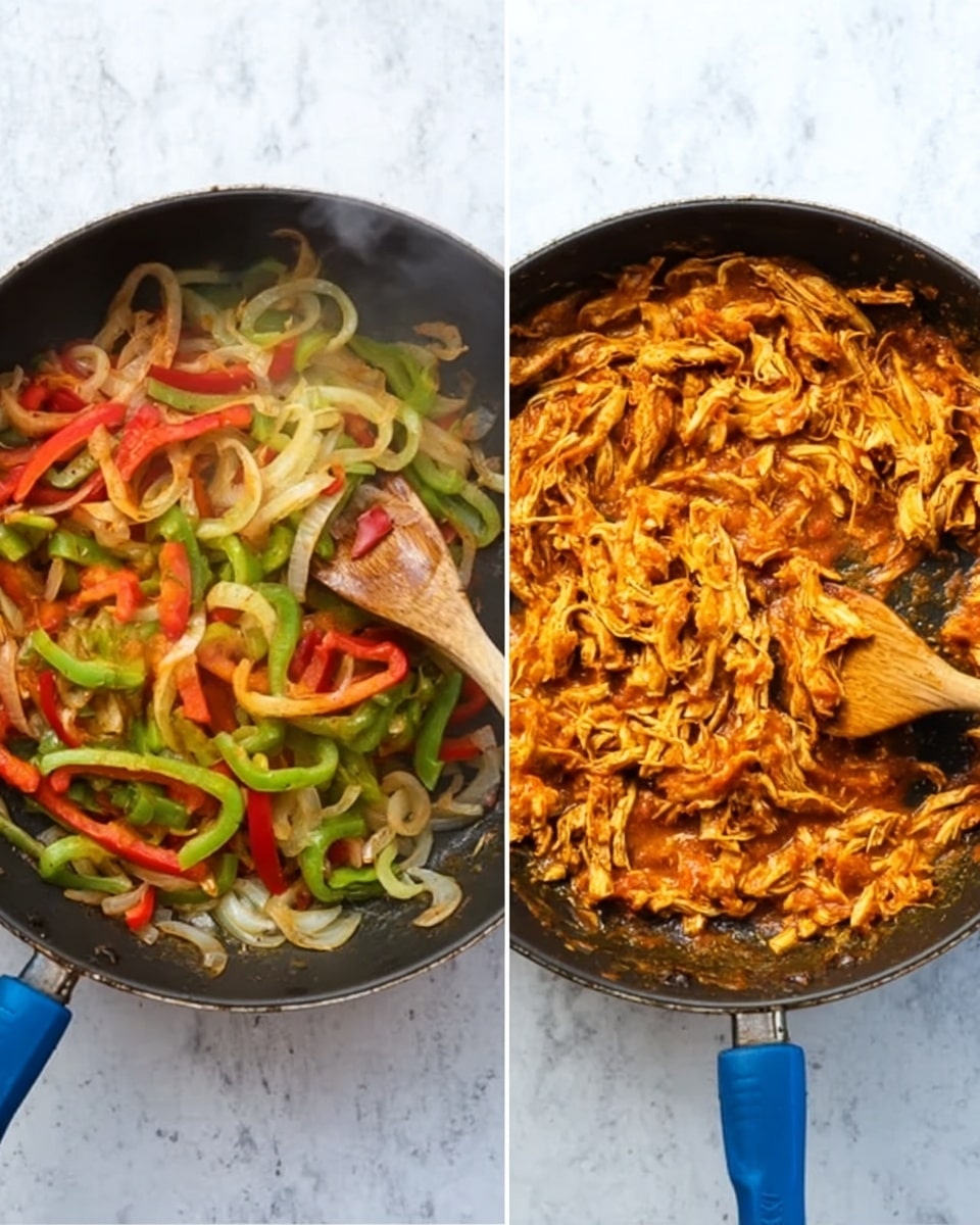 Two images side by side show cooking in a black frying pan placed on a white marbled surface. The left image shows a mix of sliced red and green bell peppers with light-colored onion strips, steaming and being stirred by a wooden spoon with a blue handle sticking out. The right image shows shredded cooked chicken mixed with a reddish-orange sauce filling the pan, also being stirred by a wooden spoon with a blue handle. photo taken with an iphone --ar 4:5 --v 7