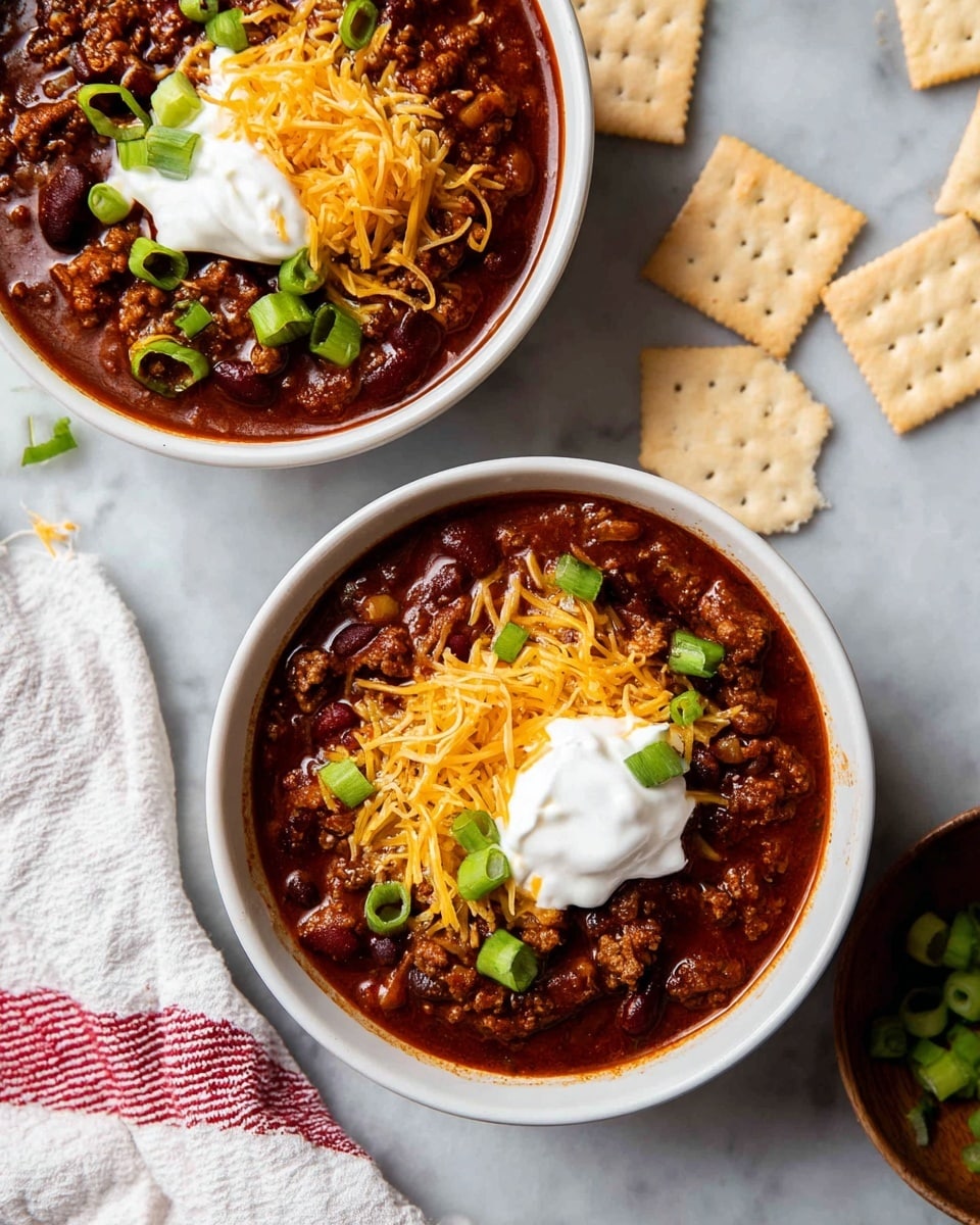 Two white bowls filled with thick chili, rich dark brown with visible beans and ground meat, sit on a white marbled surface. Each bowl is topped with a generous layer of shredded bright orange cheddar cheese, a dollop of smooth white sour cream centered on top, and sprinkled with slices of fresh green onions. Around the bowls, light beige square crackers are scattered. A white cloth with red stripes is placed near the bottom left, adding a cozy touch. The scene has a close-up, inviting look, showing the different textures and colors clearly. photo taken with an iphone --ar 4:5 --v 7