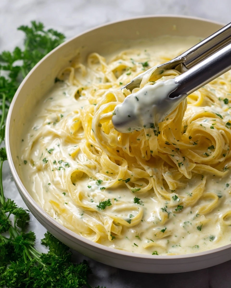 This image shows a close-up of creamy fettuccine pasta in a white bowl. The pasta is coated with a thick, smooth white sauce with small flecks of green herbs spread evenly throughout. The fettuccine noodles are long, flat, and slightly twisted, with a light yellow color peeking through the sauce. A pair of metal tongs is lifting some noodles from the bowl, with the tips of the tongs covered in the creamy sauce. The bowl is placed on a white marbled surface, and some fresh green parsley is visible near the bottom left corner. The overall look is rich and fresh, highlighting the sauce’s smooth texture and the herbs’ delicate touch. Photo taken with an iphone --ar 4:5 --v 7