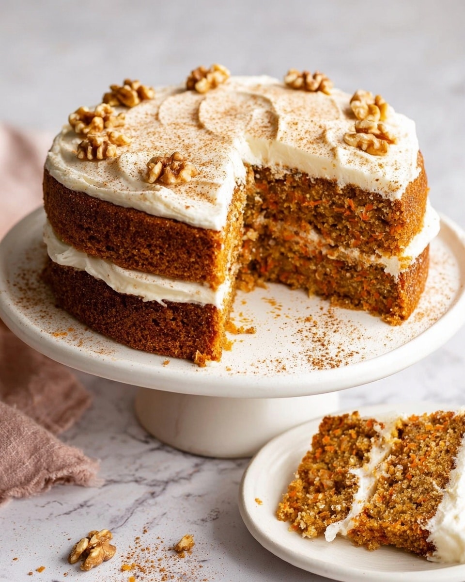 A two-layer carrot cake on a white cake stand with a white marbled background. The cake layers are golden brown with visible carrot bits and a moist texture. Between the layers and on top is a thick, smooth white cream cheese frosting. The top layer is dusted with a light sprinkle of cinnamon powder, and six whole walnuts are evenly spaced around the edge. Several cake crumbs are scattered around the base of the cake on the stand. In the background, a white plate holds a slice of the same cake with cream cheese frosting visible on the side. photo taken with an iphone --ar 4:5 --v 7