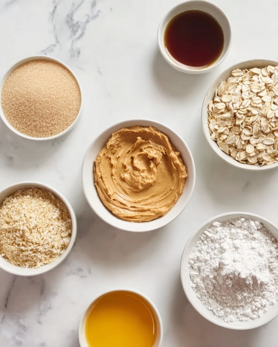 The image shows seven white bowls arranged neatly on a white marbled surface. In the center is a bowl with light brown, creamy peanut butter that has a smooth and slightly swirled texture. Surrounding it are six more bowls: one with pale beige brown sugar grains, one with dark amber liquid (likely vanilla extract), one with golden yellow melted butter, one filled with light tan rolled oats, one with white flour, and one with a mix of white and light gray powder, possibly baking powder or baking soda. Each bowl holds a single ingredient, with clear color contrasts and simple textures. The scene is clean and organized, with soft natural light highlighting the ingredients photo taken with an iphone --ar 4:5 --v 7