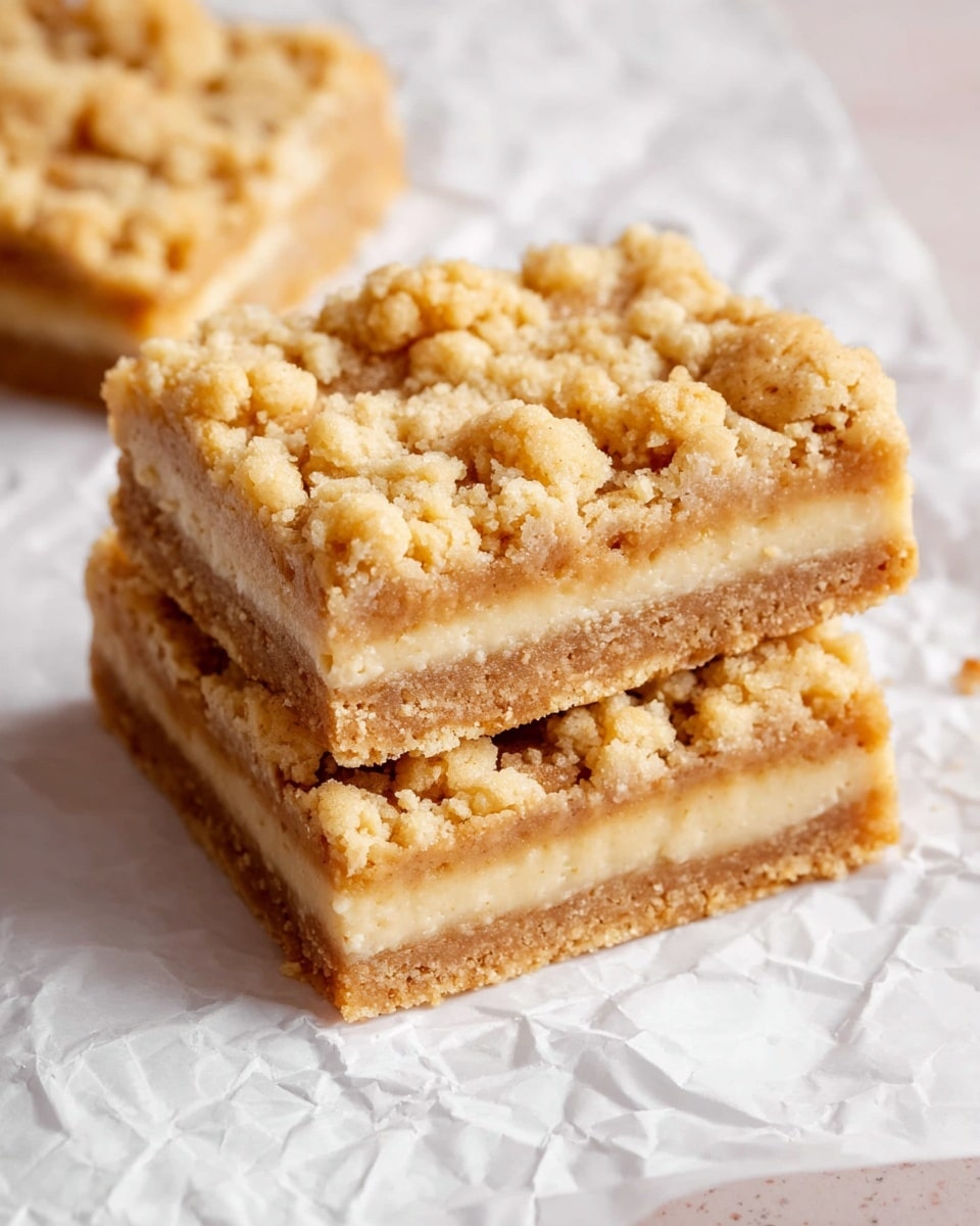 The image shows a close-up of two thick square bars placed on crumpled white parchment paper over a white marbled surface. Each bar has three visible layers: the bottom layer is a dense, slightly crumbly beige base with a textured look, the middle layer is a smooth, slightly darker beige filling that appears creamy, and the top layer is a rough, chunky crumble topping in a light golden color with uneven pieces. The bars have clean edges and look soft but firm, with a crumbly top that adds texture. Photo taken with an iphone --ar 4:5 --v 7