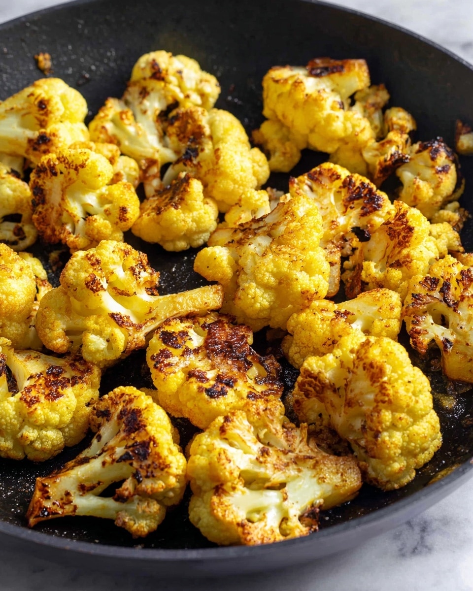The image shows a black pan filled with cooked cauliflower pieces. There are about 20 cauliflower pieces in the pan, each with a golden-yellow color mixed with brown charred spots from cooking. The cauliflower pieces vary in size, mostly around medium, with a rough texture from roasting. The pan’s surface has a slightly oily look and some dark browned spots, giving a rustic feel. The background is a white marbled texture. photo taken with an iphone --ar 4:5 --v 7