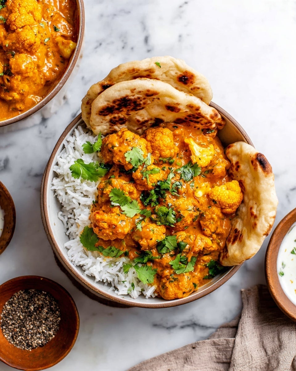 The image shows a white bowl filled with three main layers: at the bottom, there is a layer of white cooked rice; on top of the rice, there is a thick orange curry with visible cauliflower pieces coated in the sauce; fresh green cilantro leaves are scattered over the curry for garnish. Two pieces of browned flatbread are resting on the edge of the bowl. The bowl is placed on a white marbled surface with another similar bowl partially visible nearby, along with small brown dishes containing black pepper and a white sauce. photo taken with an iphone --ar 4:5 --v 7