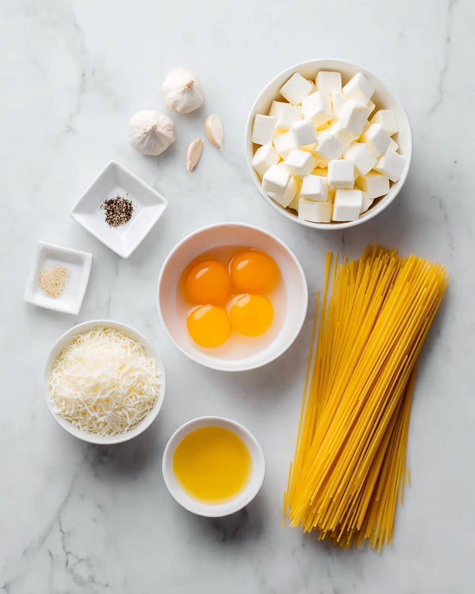 Halloumi Carbonara Recipe 5 The image shows a white marbled surface with several white bowls and dishes arranged neatly. On the right side, there is a long pile of uncooked yellow spaghetti pasta lying flat. On the left, a large white bowl is filled with small white cheese cubes. Above it, a white bowl holds three bright orange egg yolks. Next to the yolks, another white bowl contains fine white grated cheese. At the top left, a small square dish holds salt and black pepper, and two small pieces of garlic are placed just below it. Below the salt and pepper, a small round white bowl contains a golden yellow liquid. All items are spaced out evenly, creating a clean and organized look. Photo taken with an iphone --ar 4:5 --v 7