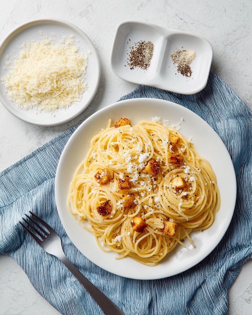 On a white plate placed on a blue striped cloth, there is a serving of spaghetti arranged in a loose pile with small golden-brown browned cubes mixed in. The pasta is sprinkled with finely grated white cheese and black pepper. To the upper right of the plate, there is a small white divided dish holding black pepper on one side and salt on the other, and next to it is a small white bowl filled with finely grated white cheese. The whole scene is set on a white marbled surface, with a stainless steel fork resting next to the cloth. Photo taken with an iphone --ar 4:5 --v 7