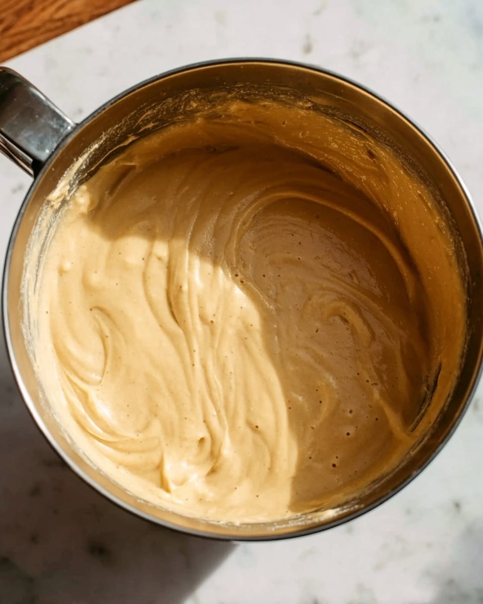 A close-up view of a thick, creamy batter inside a shiny metal mixing bowl with a handle on the left side. The batter is smooth with small air bubbles and light tan color with subtle swirls showing where it was stirred. The bowl rests on a white marbled surface with warm lighting highlighting the texture of the batter. photo taken with an iphone --ar 4:5 --v 7