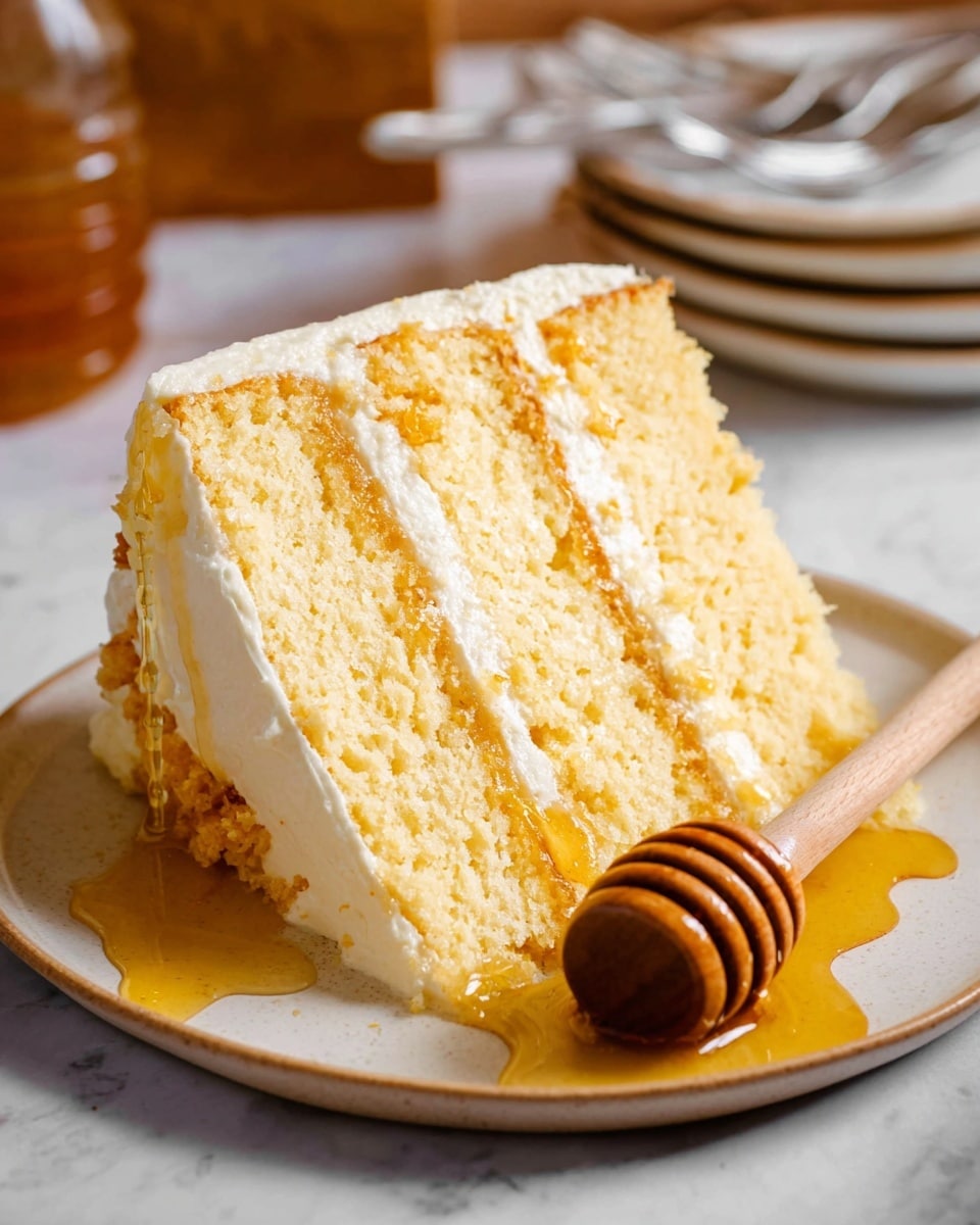 A slice of three-layer yellow cake with light cream filling between each layer is placed on a white plate. The cake is covered with a smooth layer of cream frosting and drizzled with golden honey that pools on the plate. A wooden honey dipper sits partially on the plate with honey glistening on its grooves. The background shows a white marbled texture surface, with a partial view of stacked white plates and cutlery in soft focus behind the cake slice. Photo taken with an iphone --ar 4:5 --v 7