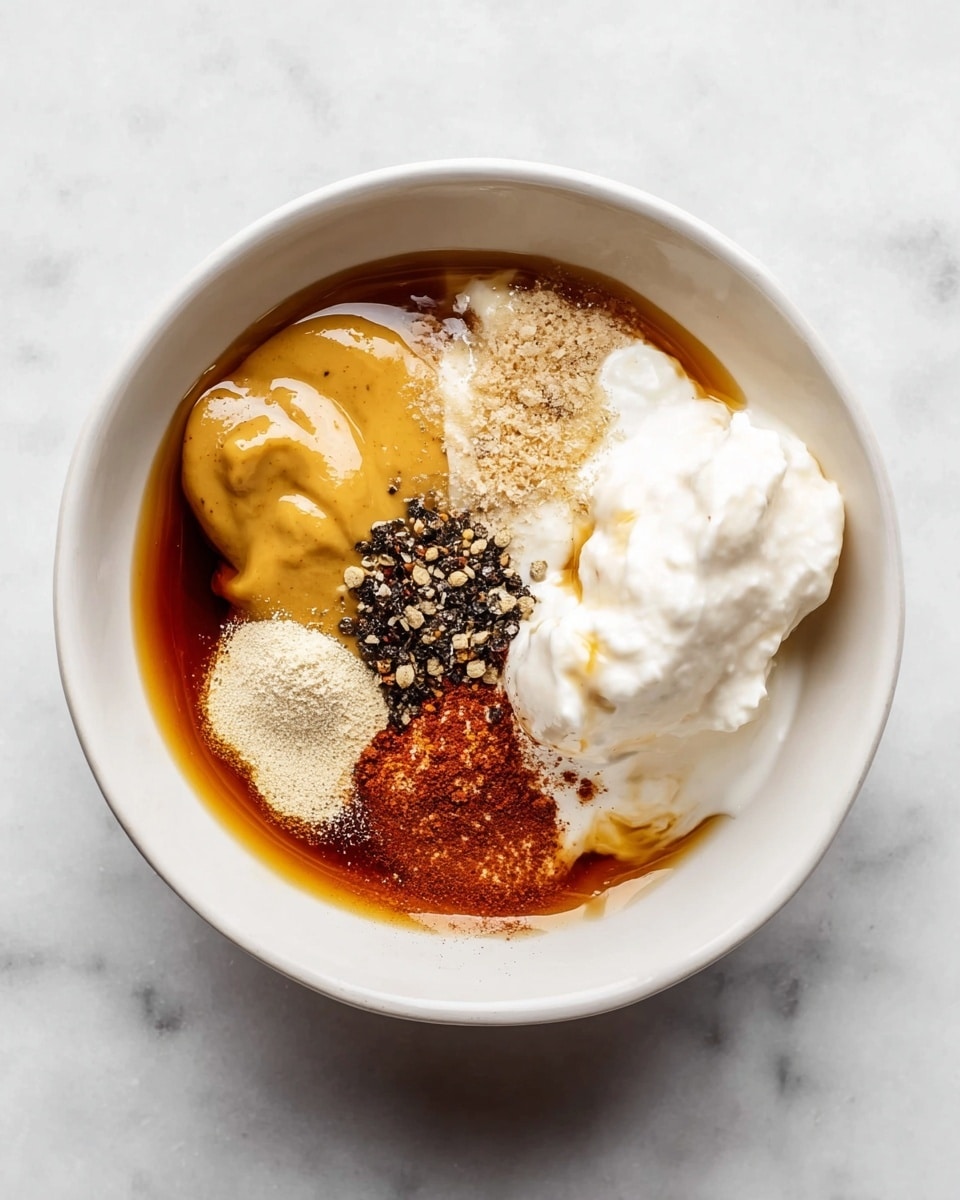 A white bowl on a white marbled surface holds multiple separate ingredients arranged in a circular pattern. Starting from the left side, there is a dollop of dark yellow mustard, next to a light beige creamy paste. Above this is a thick amber liquid, forming a smooth layer. To the right side, there is a mound of white creamy yogurt or sour cream with a soft, fluffy texture. Scattered on top of the yogurt and liquid are small piles of dark black pepper, light beige powder, and a reddish spice powder, all distinct and resting lightly on the surface. photo taken with an iphone --ar 4:5 --v 7