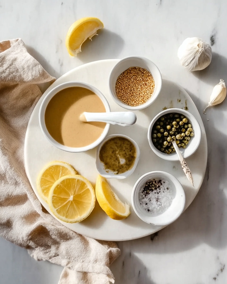 The image shows a white round tray placed on a white marbled surface. On the tray, there are five small white bowls, each holding different ingredients. One bowl contains a creamy light brown sauce with a white spoon inside. Another bowl has coarse grain mustard with a yellow-brown color. Nearby, a bowl holds small green capers. Two smaller bowls contain coarse salt and cracked black pepper. Beside the bowls, there are two lemon wedges with bright yellow skin and one garlic clove with a pale off-white color. A beige cloth rests near the tray’s edge. The overall lighting is bright and natural, highlighting the clean, fresh look of the ingredients. Photo taken with an iphone --ar 4:5 --v 7