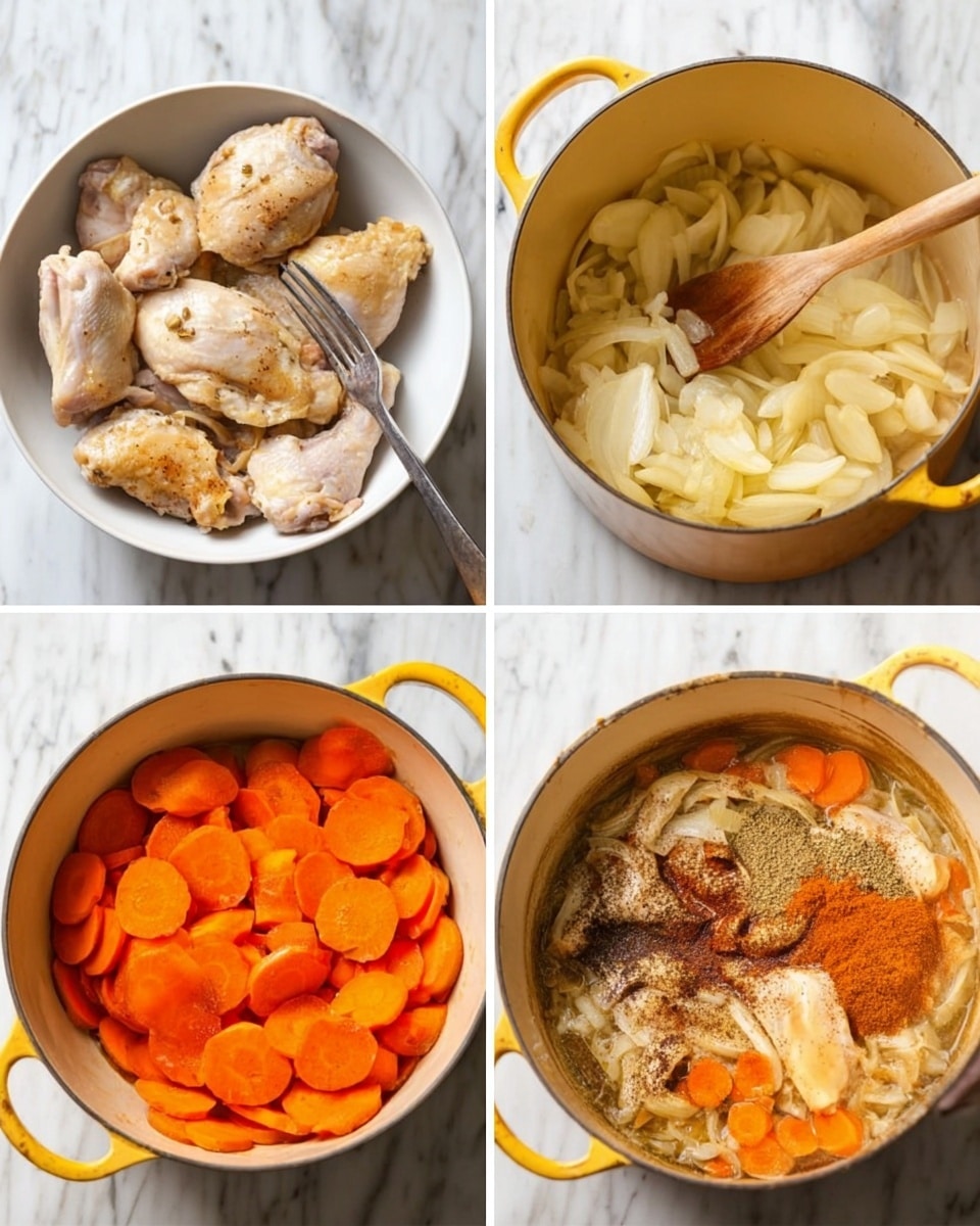 The image shows four steps of cooking in a square layout on a white marbled background. In the top left, a white bowl holds several pieces of cooked pale chicken with light browning, along with a fork resting inside. The top right shows sliced pale onions sautéing in a yellow pot, with a wooden spoon stirring them. The bottom left image displays sliced orange carrots added to the pot with onions, being stirred by the wooden spoon. The bottom right image reveals the pot with cooked onions and carrots mixed with several spices including some brown, red, and yellow powders on top, ready to be stirred with the spoon. Photo taken with an iphone --ar 4:5 --v 7
