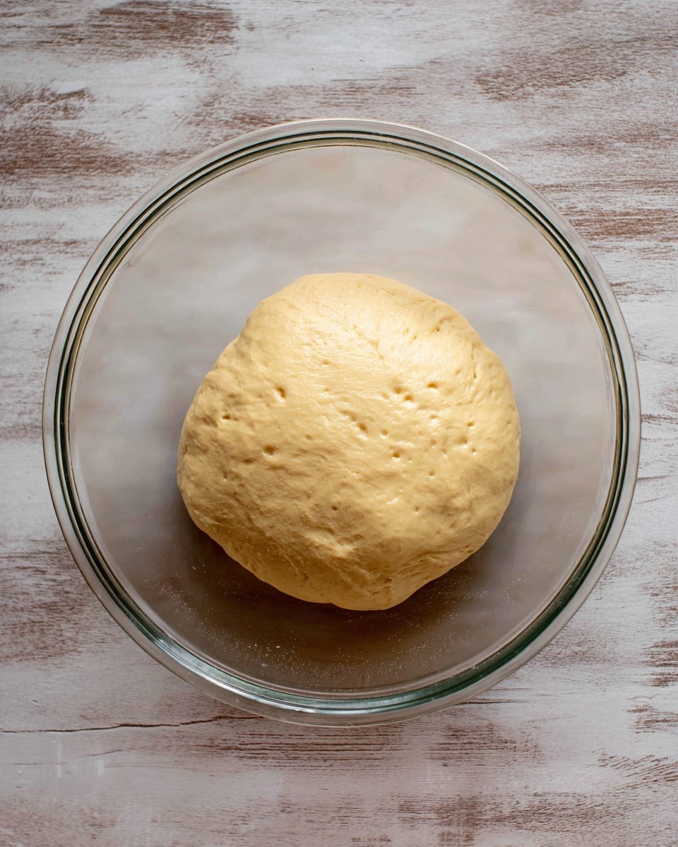 A smooth, pale yellow dough ball sits in the center of a clear glass bowl. The dough looks soft and slightly swollen, showing small air bubbles on its surface. The bowl is placed on a white marbled texture background that contrasts with the dough’s creamy color. Photo taken with an iphone --ar 4:5 --v 7