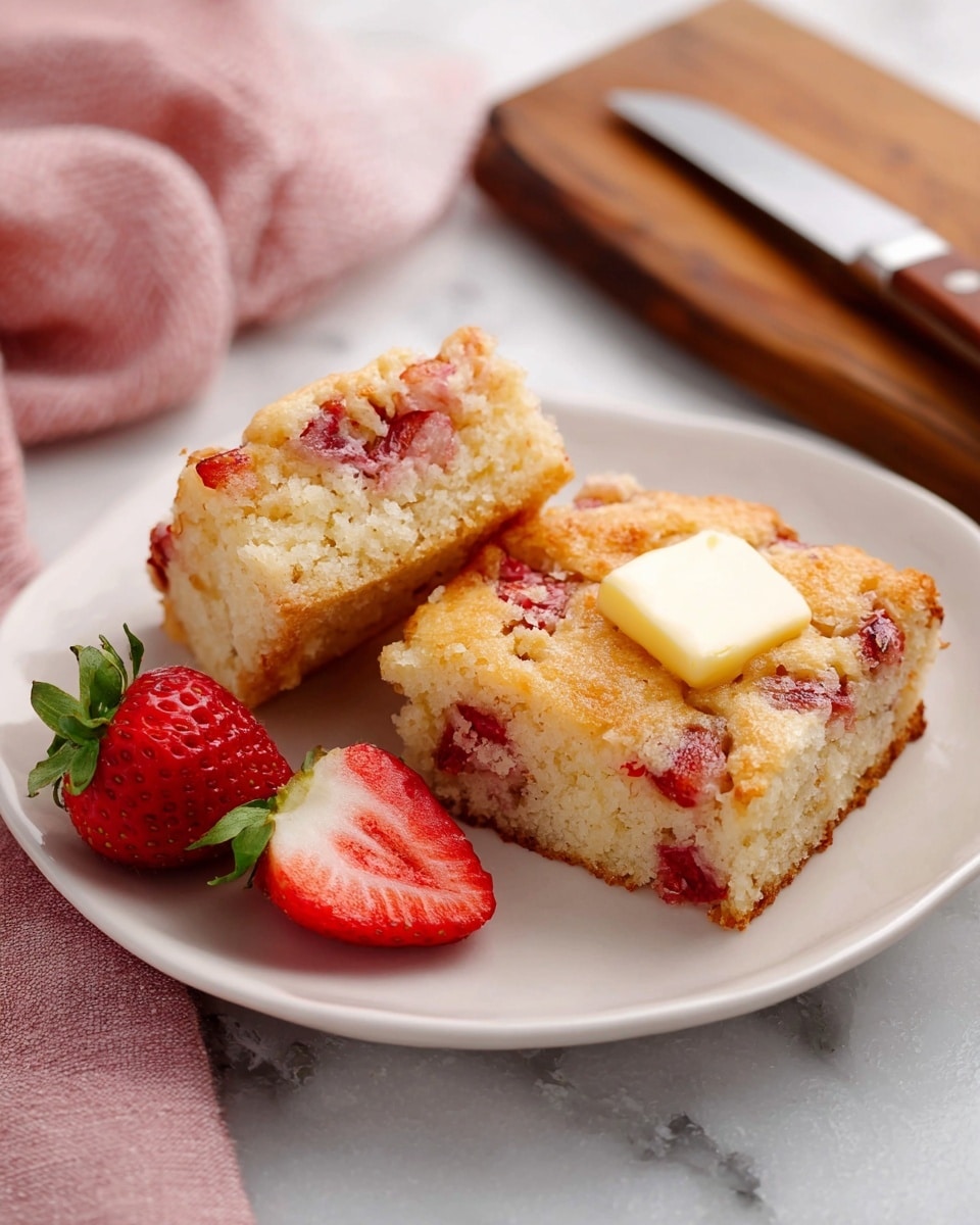 A white plate holds two square pieces of strawberry cake, each with a light golden brown top showing chunks of red strawberry baked inside; one piece is tilted showing a soft, pale inside with small strawberry bits and a small square of butter melting on top, while the other piece sits upright with a slightly shiny crust; next to the cake are two fresh strawberries, one whole with green leaves and one sliced in half showing the red interior; the plate sits on a white marbled surface with a pink cloth nearby and a wooden-handled knife in the background; photo taken with an iphone --ar 4:5 --v 7