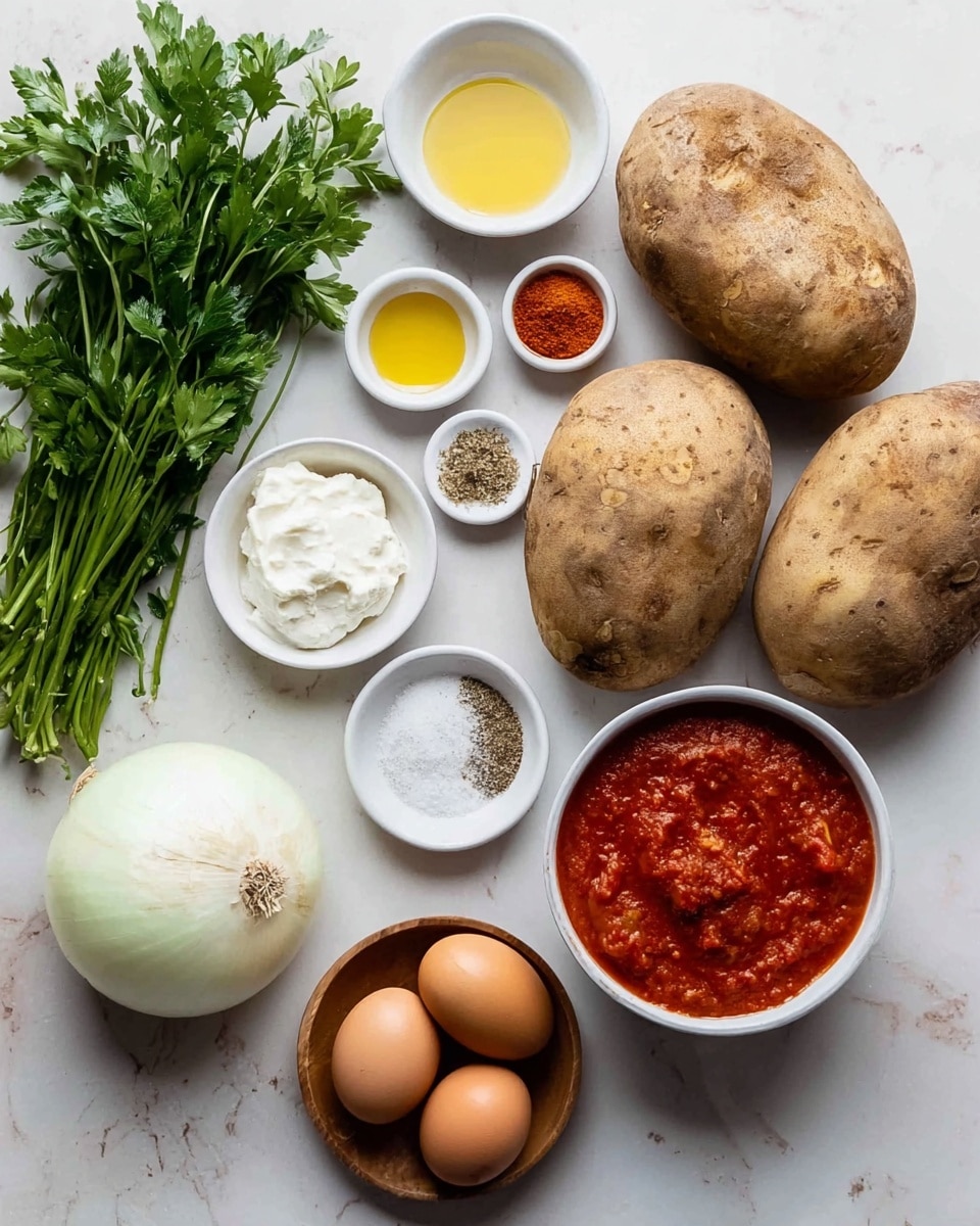 The image shows a white marbled surface with ingredients arranged neatly: three large potatoes with rough brown skin on the right, a half white onion on the left, and three brown eggs near the center. There are small white bowls with salt and pepper, olive oil, minced garlic, and sour cream spread around the potatoes and eggs. A white bowl filled with red tomato sauce sits near the onion, and a small round wooden bowl holds paprika powder. A bunch of fresh green parsley with leaves is placed at the top left corner. Photo taken with an iphone --ar 4:5 --v 7