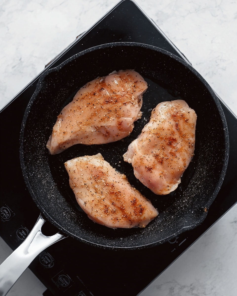 The image shows three seasoned chicken pieces cooking in a black cast iron pan placed on a black induction cooktop. The chicken pieces have a pinkish-beige color with light brown seasoning and are spread out evenly inside the pan. The pan has a white handle that contrasts with the black pan and cooktop. The background is a white marbled surface. photo taken with an iphone --ar 4:5 --v 7
