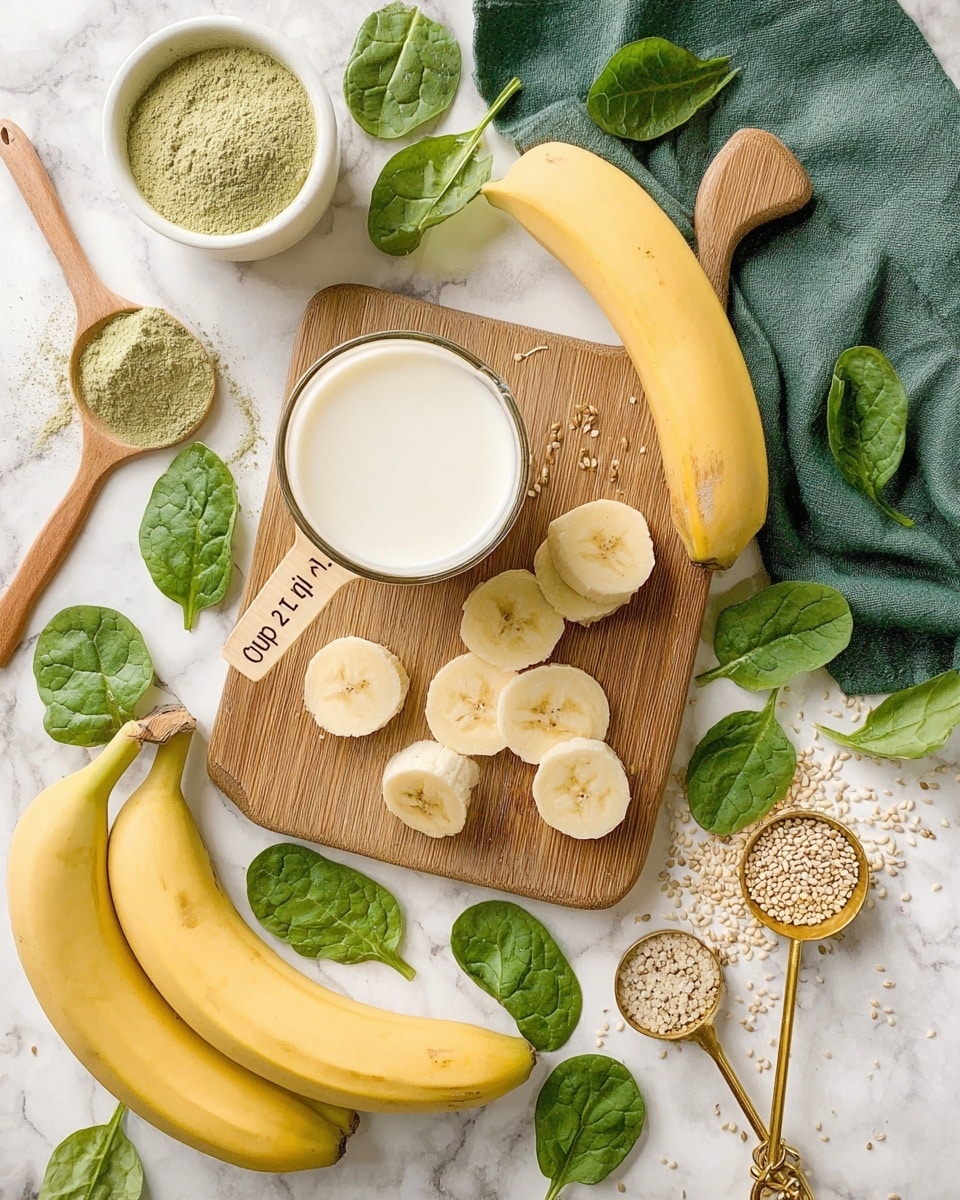 The image shows a wooden cutting board placed on a white marbled surface, with several slices of banana arranged in the center. A small measuring cup filled with a white liquid, likely milk, rests on the board with a wooden handle marked