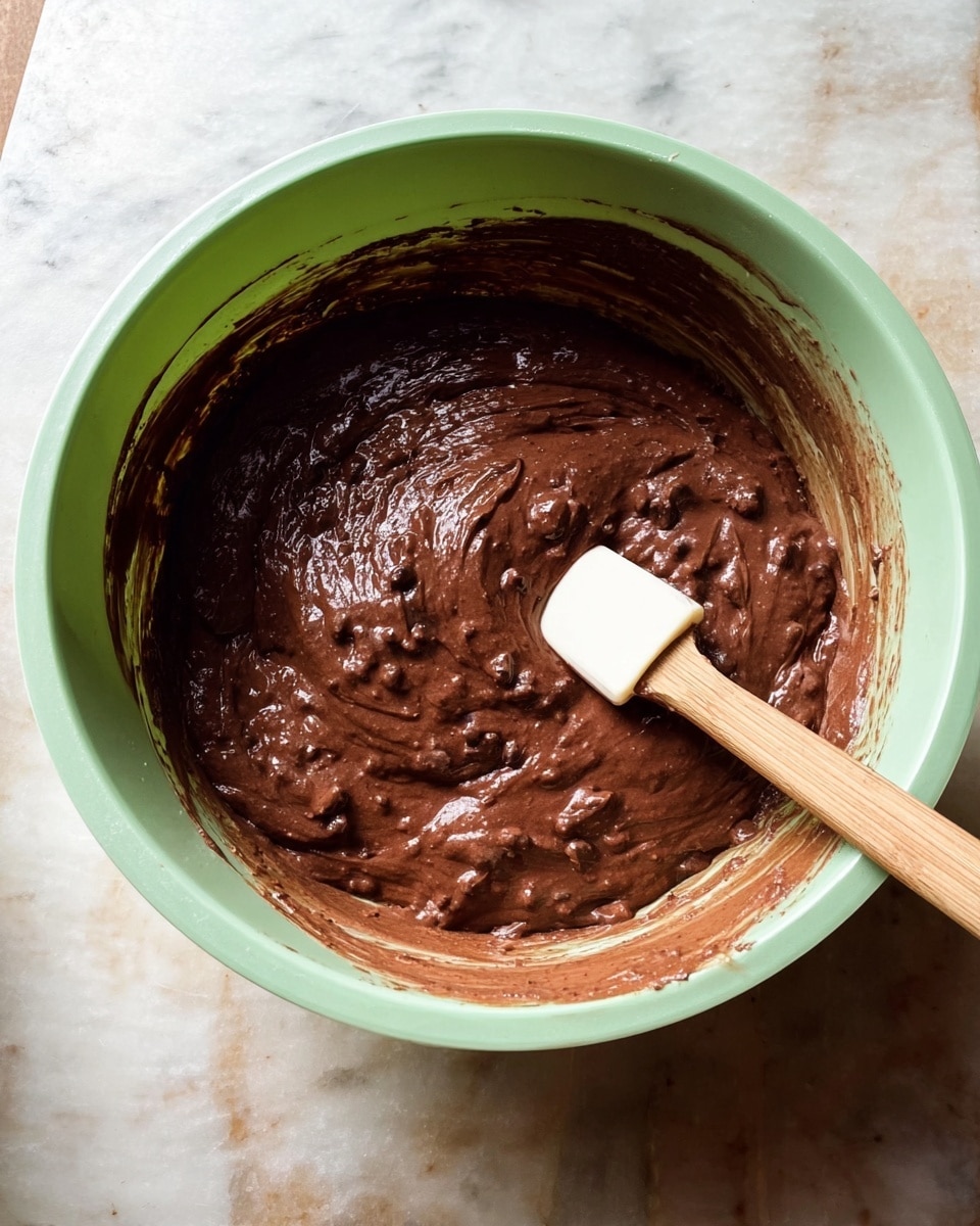 A light green mixing bowl filled with thick, dark brown chocolate batter that looks smooth with small lumps scattered throughout. A spatula with a wooden handle and white silicone head is partly submerged in the batter, resting inside the bowl. The bowl is placed on a white marbled surface, and the edges of the batter have traces sticking to the inner sides of the bowl. The scene is warmly lit, highlighting the rich texture and color of the chocolate mixture photo taken with an iphone --ar 4:5 --v 7