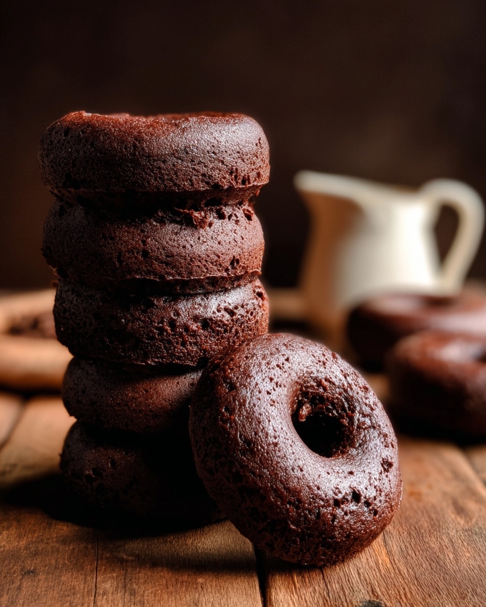 The image shows a stack of four thick chocolate donuts with a rough and slightly cracked surface, dark brown in color, placed on a wooden table. Two more chocolate donuts lie beside the stack, one somewhat behind and the other closer in the front, both showing the same textured, dense appearance. In the blurred background, there is a small white jug with a handle. The whole scene is set against a dark background with warm lighting focused on the donuts, highlighting their rich, dense texture. photo taken with an iphone --ar 4:5 --v 7