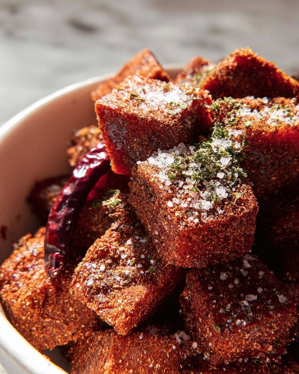The image shows a close-up of many reddish-brown cubes stacked in a white bowl. The cubes are covered with a layer of dark red powder seasoning and sprinkled with coarse white salt and small green herb flakes. The spices and herbs rest on top and in between the cubes, which have a dry and slightly rough texture. A single dried red chili pepper is visible behind the cubes, adding a splash of deep red color. The photo is taken on a white marbled surface, and the lighting creates some bright spots and shadows on the cubes, showing their uneven, textured surfaces photo taken with an iphone --ar 4:5 --v 7