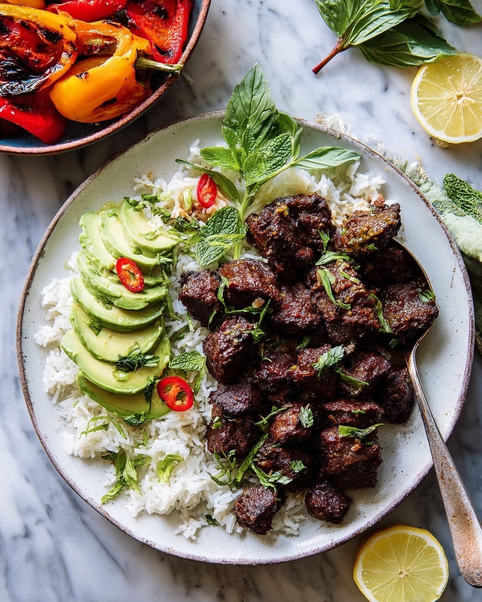 A white plate with a bed of white rice covering the bottom layer, topped with dark brown, grilled chunks of meat scattered across the plate. On the bottom-left side, there are thin, light green slices of avocado arranged in a fan shape with small green herb leaves on top. Bright green basil and mint leaves are scattered on the rice and meat. Small red pepper slices add a pop of color near the top and middle of the plate. A spoon with some meat sits on the right side of the plate. The plate is set on a white marbled surface with a bowl of grilled red and yellow bell peppers with green basil leaves in the bottom left corner, and two lemon wedges near the bottom right corner. Photo taken with an iphone --ar 4:5 --v 7