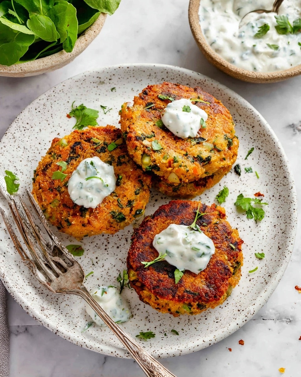 Three thick golden-brown patties with visible bits of green herbs and small vegetable pieces are arranged on a round white speckled plate. Each patty is topped with small dollops of creamy white sauce with green flecks, scattered unevenly over and around them. There are coarse salt flakes and a few fresh green herb leaves sprinkled on the patties. A vintage silver fork rests on the left side of the plate. In the background, a white marbled surface holds a bowl of white sauce with green herbs and a bowl filled with fresh green leaves. photo taken with an iphone --ar 4:5 --v 7