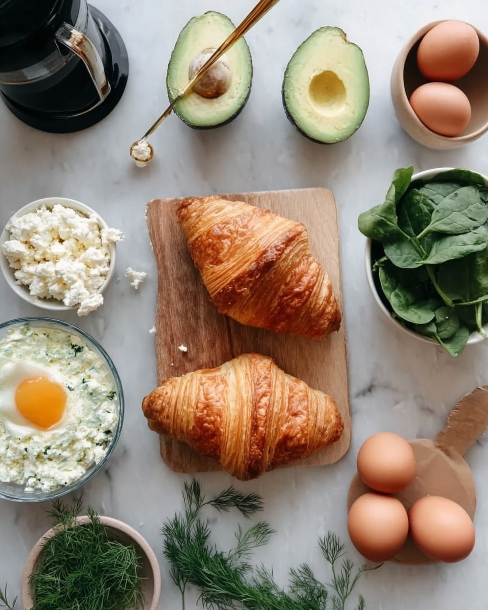 The image shows a white marbled surface with a wooden board centered near the bottom holding two golden brown, flaky croissants. Above the board, there is a halved avocado with a green, smooth flesh and one half containing a pit. Next to the avocado is a small white bowl filled with white and crumbly cottage cheese. To the left, a woman's hand is pressing a small measuring spoon with a golden tip. On the right side, a white bowl contains fresh green spinach leaves, and nearby, another white bowl holds brown eggs. Additional details include a black coffee maker on the upper left and sprigs of fresh green dill at the lower left. Photo taken with an iphone --ar 4:5 --v 7