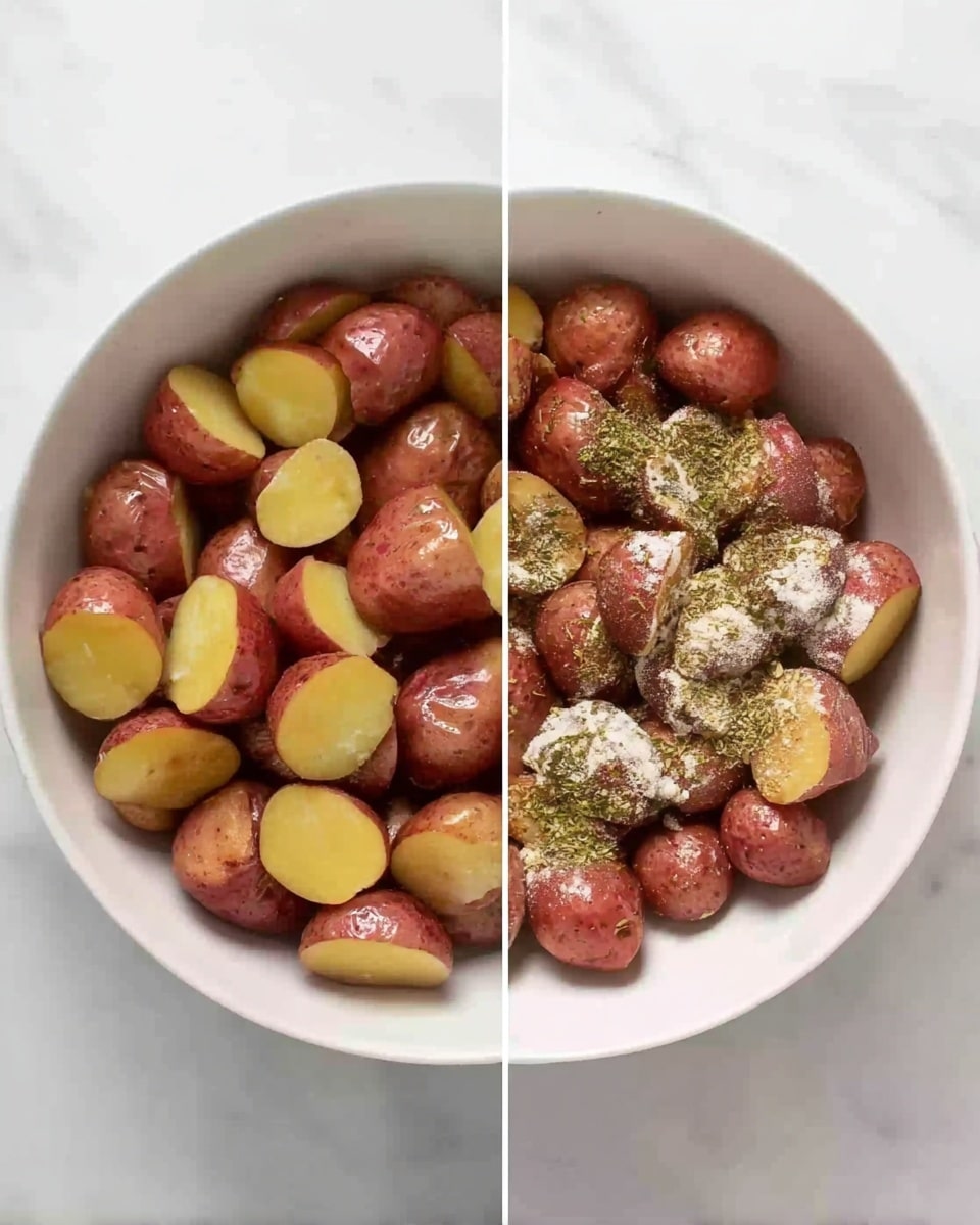 Two images side by side show a white bowl on a white marbled surface. The left image has one layer of small red potatoes, cut into halves and quarters, filling the bowl. The potatoes have smooth, shiny, reddish-brown skin with pale yellow inside, giving a mix of red and yellow colors. The right image shows the same potatoes in the bowl but now topped with a layer of green herbs and light white powder spices spread unevenly on top, adding texture and visual contrast while keeping the bright, fresh look of the potatoes. Photo taken with an iphone --ar 4:5 --v 7