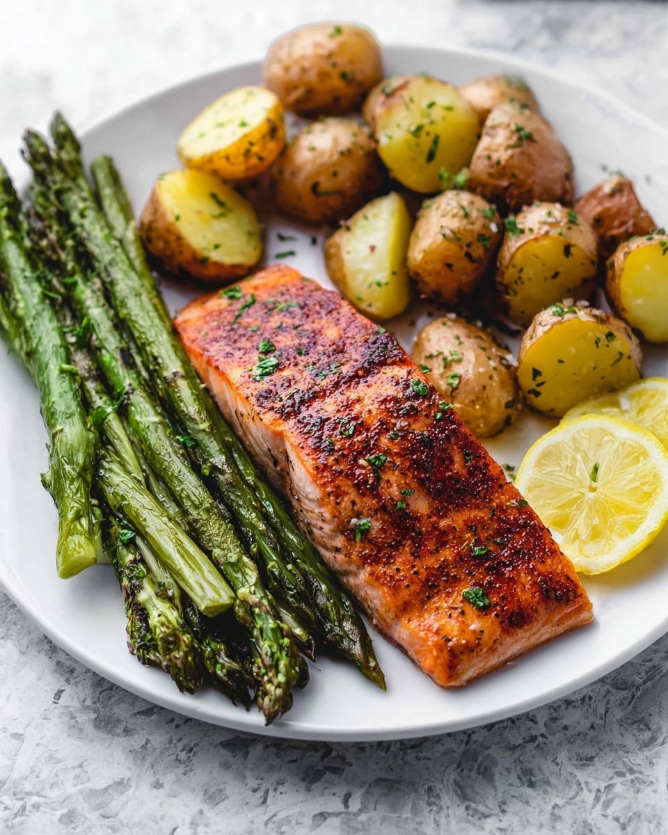 A white plate holds a piece of cooked salmon with a browned and seasoned surface, garnished with small herbs scattered on top. Next to the salmon, there are roasted baby potatoes showing golden brown skins and soft yellow insides with herbs sprinkled over them. On one side of the plate, there are several spears of green asparagus, slightly charred with grill marks, topped with a small thin lemon wedge. The plate is set on a white marbled textured surface. photo taken with an iphone --ar 4:5 --v 7