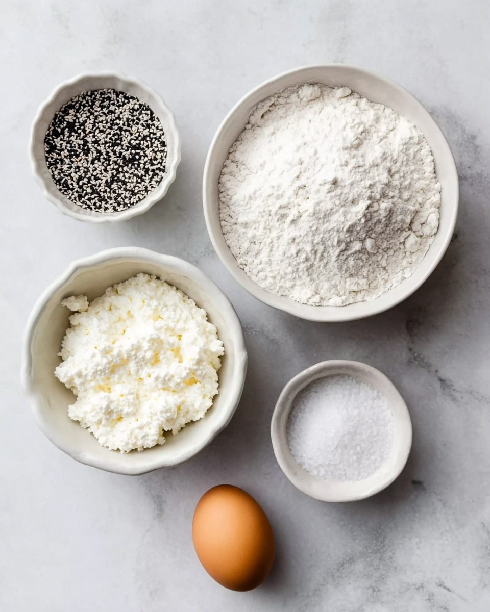 The image shows five items arranged neatly on a white marbled surface. Starting from the top right, there is a white bowl filled with white flour that has a fine, powdery texture. To the top left, a smaller white bowl holds a mix of black and white sesame seeds. Below these, on the left side, is a medium white bowl containing white, soft-textured cottage cheese or ricotta. On the bottom right sits a small white dish with a white, granulated substance resembling salt. Finally, at the bottom center, there is a single brown egg with a smooth shell. Photo taken with an iphone --ar 4:5 --v 7
