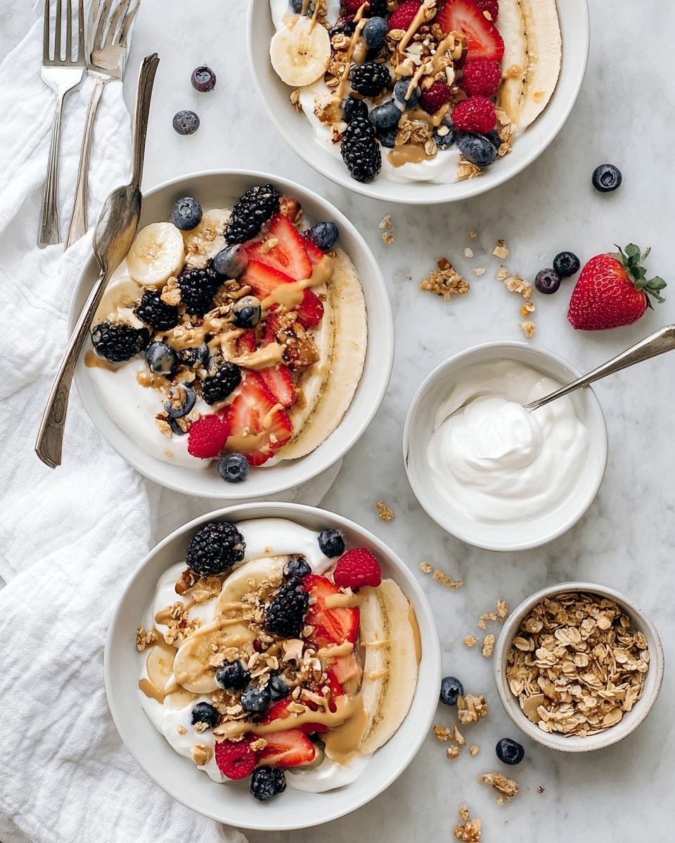 The image shows three white bowls on a white marbled surface, each filled with layers of sliced bananas placed around the edges, topped with white creamy yogurt in the center. On top of the yogurt, there are mixed berries including strawberries, raspberries, blueberries, and blackberries, along with scattered granola and chopped nuts. A light brown sauce, likely peanut butter, is drizzled over the berries and granola, adding texture and contrast. A silver fork rests inside one of the bowls, and a spoon is placed in a small white bowl of yogurt to the right. Some loose granola and berries are scattered on the surface around the bowls. A white cloth napkin with a silver fork on top lies near the top left corner. Photo taken with an iphone --ar 4:5 --v 7