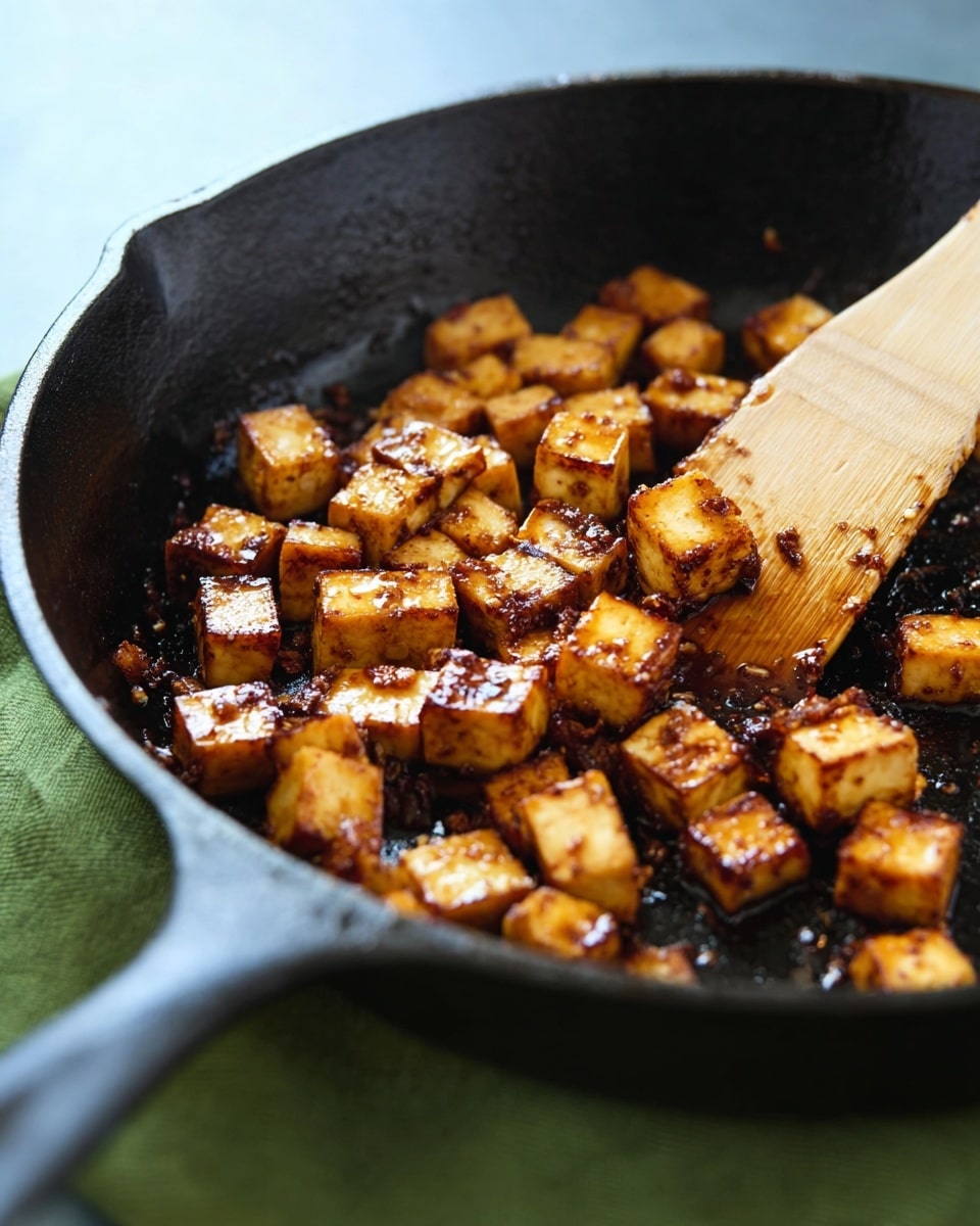 A close-up of a black cast iron pan with small, browned cubes of tofu inside, each piece showing a shiny, caramelized texture with some darker charred edges. A wooden spatula with a light brown color rests on the tofu, partially stirring it. The pan sits on a green cloth, and the background shows a soft, gradient light blue. The scene is lit softly, capturing the detailed textures of the tofu and pan. photo taken with an iphone --ar 4:5 --v 7