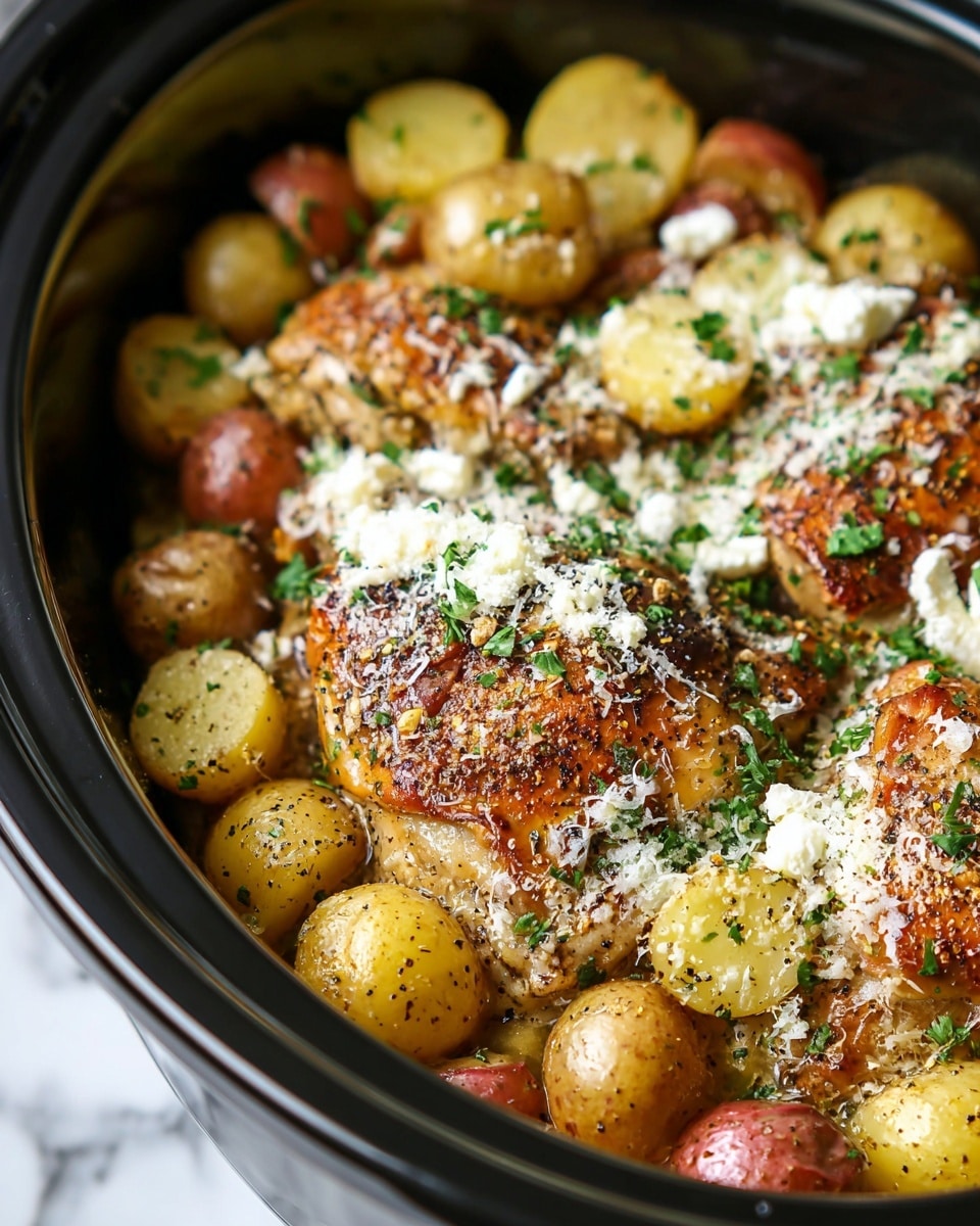 The image shows a close-up of a slow cooker filled with cooked chicken thighs and mixed potatoes. The dish has two main layers: the base layer consists of golden-yellow and reddish small potatoes that look soft and seasoned with black pepper and green herbs. On top, there are large browned chicken thighs with a slightly crispy texture, sprinkled generously with grated white cheese and finely chopped fresh parsley. The colors are warm with browns, yellows, and reds, contrasted by the green herbs and white cheese pieces. The inside of the slow cooker is black, and the whole dish is set against a white marbled surface. photo taken with an iphone --ar 4:5 --v 7