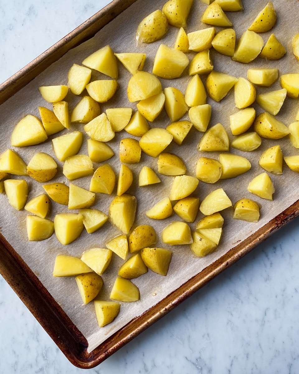 The image shows a baking tray covered with parchment paper on a white marbled surface. On the tray, there are many small pieces of yellow potatoes, each cut into roughly quarter-sized chunks. The potatoes are spread out evenly with space between them, displaying a smooth, slightly shiny texture that suggests they are ready to be roasted. The edges of the baking tray are a rusty brown color, contrasting with the bright yellow potatoes and neutral parchment paper. Photo taken with an iphone --ar 4:5 --v 7