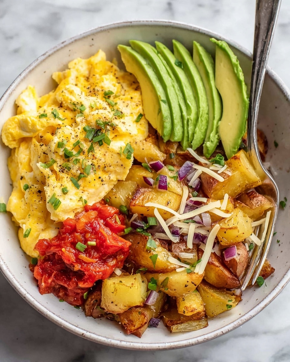 A white bowl filled with three main layers: on the left, a portion of soft scrambled eggs with a light yellow, creamy texture sprinkled with small green herb bits and black pepper; in the top right corner, thin slices of bright green avocado arranged neatly; below the avocado, a small serving of chunky red salsa; and covering the lower half of the bowl, golden roasted potato pieces mixed with red onion chunks, small red pepper pieces, and scattered white shredded cheese, all on a white marbled surface with a silver fork resting inside the bowl near the eggs, photo taken with an iphone --ar 4:5 --v 7