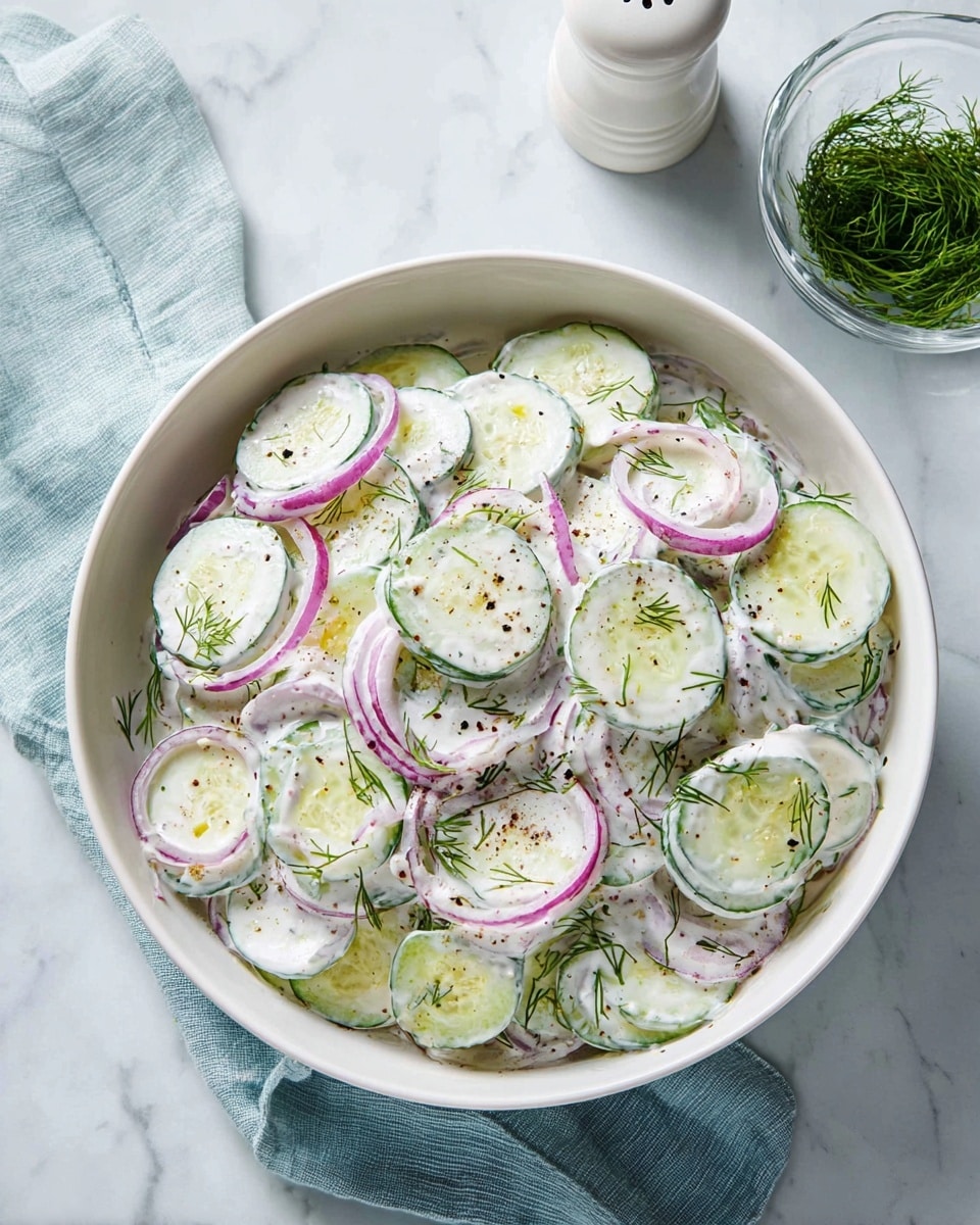 A white bowl filled with a creamy salad made of thin, round slices of light green cucumber layered evenly with thin slices of purple-red onion rings. The salad is coated in a white, thick yogurt-based dressing with small green dill herbs sprinkled throughout. Black pepper and small dill pieces are lightly scattered on top. The bowl sits on a white marbled surface with a glass bowl of fresh dill and a white pepper grinder nearby, accompanied by a light blue cloth. Photo taken with an iphone --ar 4:5 --v 7