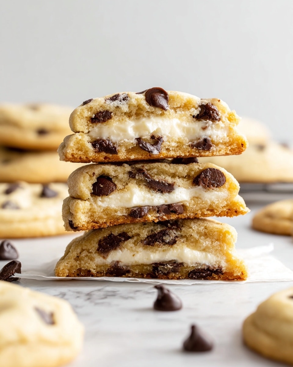 A stack of three chocolate chip cookie halves is placed on top of a whole cookie on a white marbled surface. Each cookie half shows a soft, light golden-brown dough with melted dark chocolate chips scattered around and a creamy white filling in the middle layer. The creamy center contrasts with the cookie's dough and chocolate chips, making the layers clear and inviting. More whole cookies and chocolate chips are blurred in the background, adding depth to the image. photo taken with an iphone --ar 4:5 --v 7