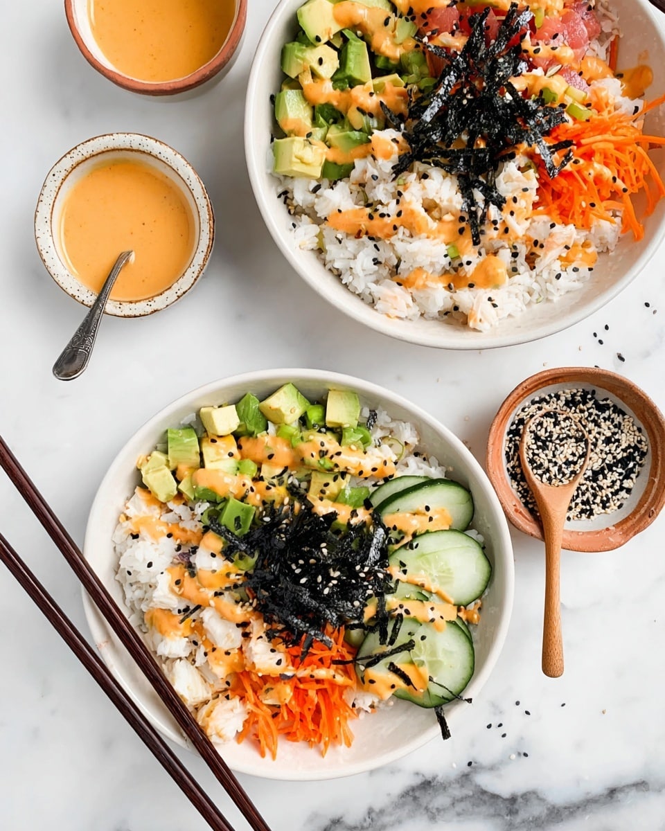 The image shows two white bowls filled with a colorful poke style dish on a white marbled surface. Each bowl has a base of white rice, topped with neat sections of diced green avocado, cubed white and pink imitation crab, shredded orange carrots, and chopped dark green cucumber. Shiny black seaweed strips are placed in the center of the bottom bowl. A light orange sauce is drizzled over the ingredients, garnished with black and white sesame seeds. Two pairs of dark wooden chopsticks rest on the edges of the bowls. To the top right, there is a small white bowl with a terra cotta rim filled with black and white sesame seeds with a small wooden spoon inside. A small dish of the same orange sauce with a spoon is at the bottom left corner. photo taken with an iphone --ar 4:5 --v 7