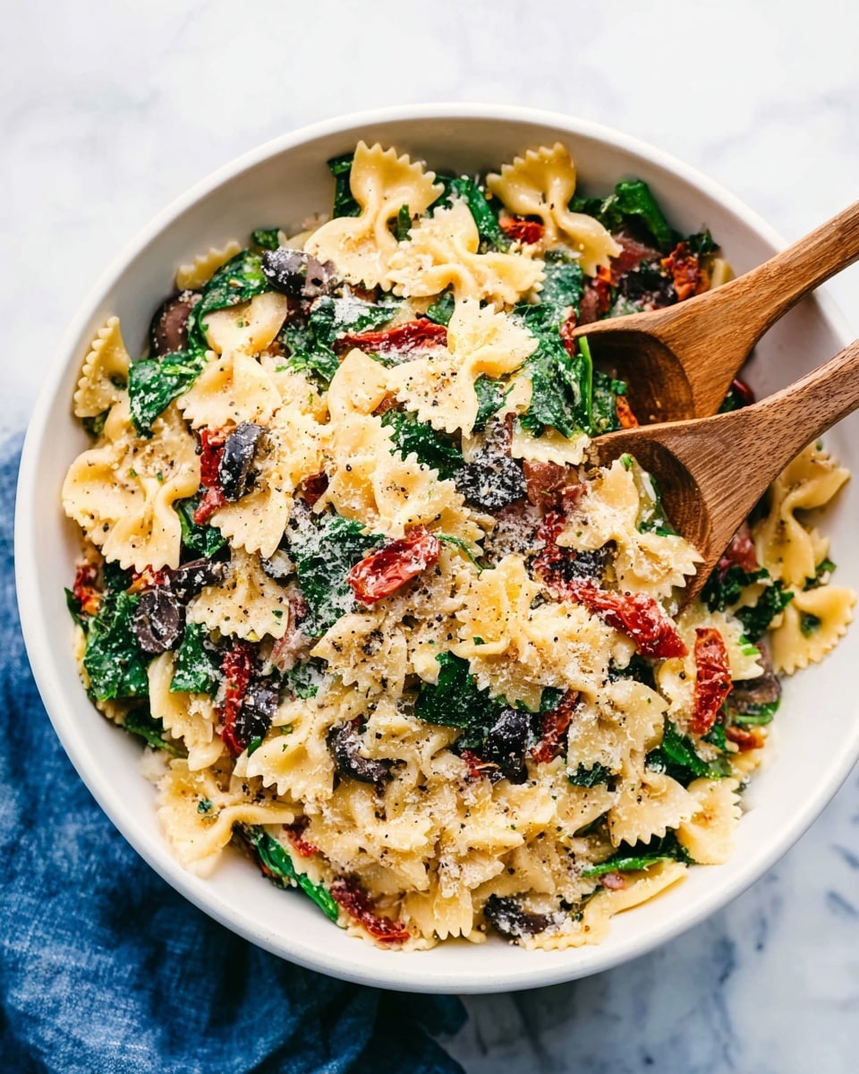A white bowl filled with farfalle pasta mixed with layers of dark green spinach leaves, sliced black olives, small pieces of red bell pepper, and thin sun-dried tomato strips. The top layer is sprinkled with grated cheese and some black pepper, all gently mixed with wooden spoons resting inside the bowl. The bowl sits on a white marbled surface with a blue cloth partly visible underneath. photo taken with an iphone --ar 4:5 --v 7