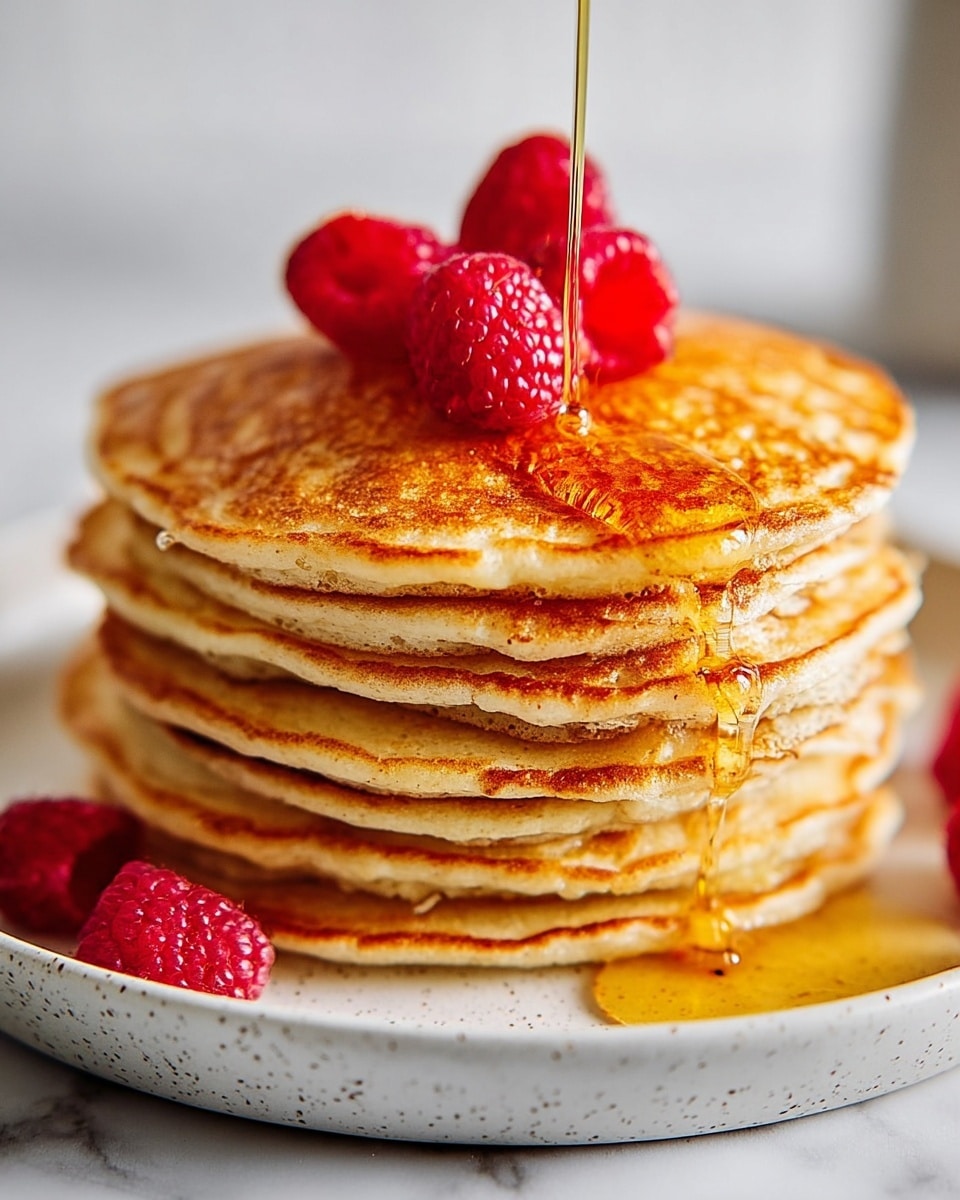 A stack of six golden brown pancakes sits on a white plate with light speckles, each pancake fluffy with slightly uneven edges and a textured surface of soft browns and yellows. A cluster of bright red raspberries is placed on top of the stack, glistening with moisture. Golden syrup is shown pouring down the side of the pancakes, catching the light and dripping in a smooth, shiny stream over the layers. The scene is set on a white marbled surface, adding a clean and elegant touch. Photo taken with an iphone --ar 4:5 --v 7