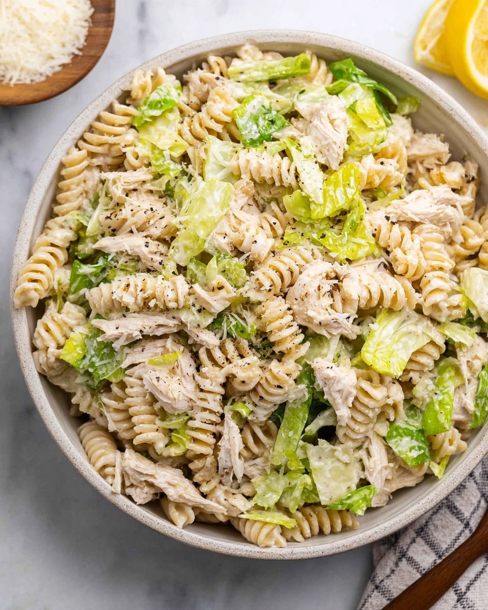 A close-up of a white bowl filled with a creamy pasta salad made of spiral rotini pasta mixed with light green lettuce pieces and shredded cooked chicken. The salad is coated in a pale creamy dressing with black pepper sprinkled on top. Some grated cheese is mixed in and lightly scattered over the salad, adding texture. The bowl is placed on a white marbled surface with a small white bowl of grated cheese and lemon wedges visible nearby. A woman's hand is gently holding the bowl from the side photo taken with an iphone --ar 4:5 --v 7