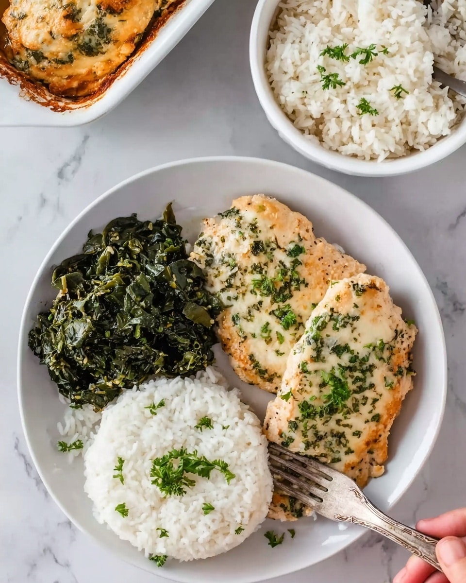 The image shows a white round plate with three main parts: a scoop of white rice with small green herb pieces sprinkled on top at the top left, a serving of dark green cooked leafy vegetables on the top right, and two pieces of baked chicken covered in a light golden cheese layer with green herb bits on the bottom. The chicken looks creamy with a slightly browned top and garnished with some small green herbs. The plate is placed on a white marbled surface next to a white bowl of more white rice with a spoon inside, and a white baking dish with baked chicken partially visible. A woman's hand holds a fork in the bowl of rice. Photo taken with an iphone --ar 4:5 --v 7