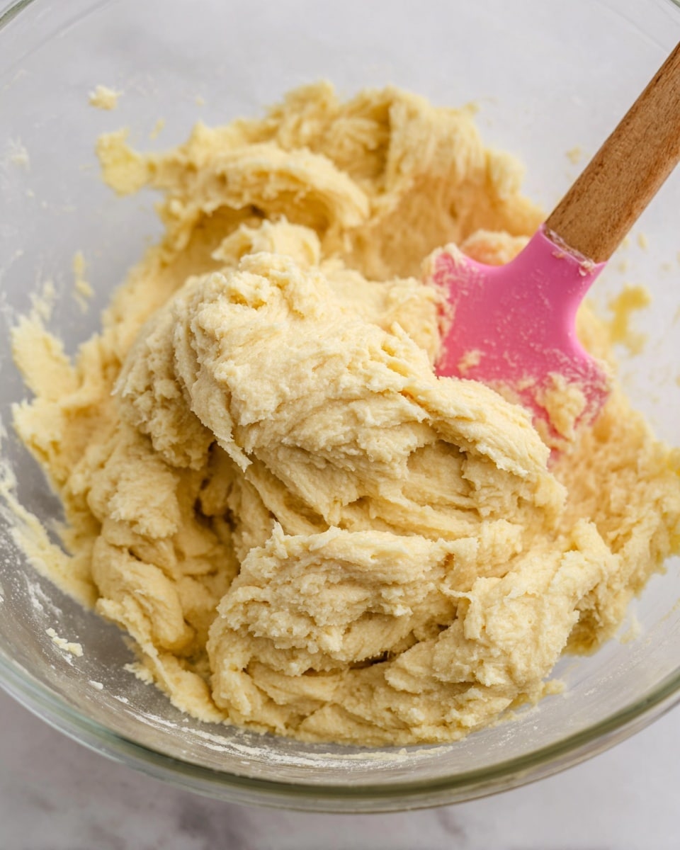 A close-up view of thick, creamy dough with a pale yellow color gathered in a clear glass bowl. The dough has a slightly rough and sticky texture with visible small lumps, and some parts look soft while others appear a bit floury. A pink spatula with a wooden handle is stuck into the dough on the left side, showing some dough clinging to it. The bowl is set on a white marbled surface. photo taken with an iphone --ar 4:5 --v 7