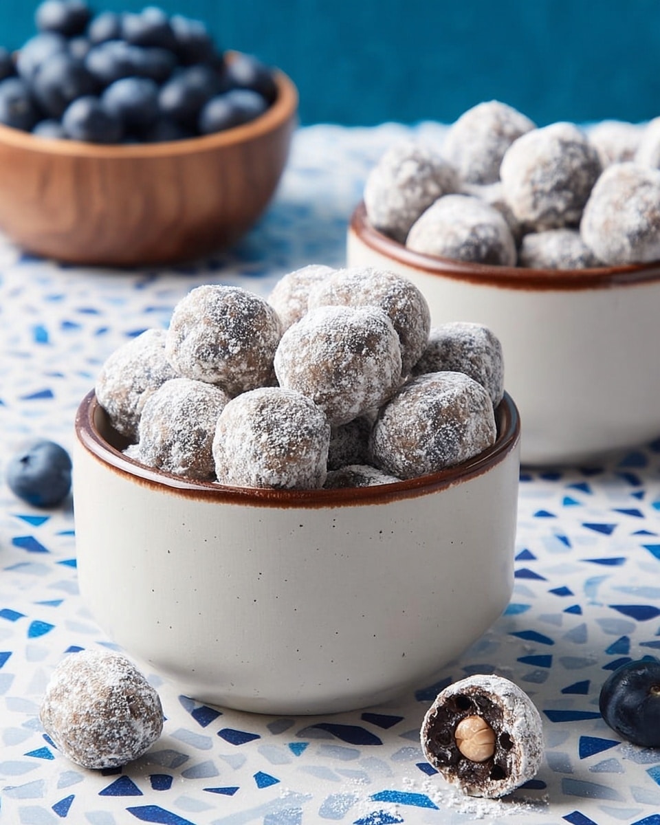 The image shows two white ceramic bowls with brown rims filled with small round crunchy snacks covered in white powder. One bowl is in the front and completely filled while the other is partly visible in the back with more snacks. There are a few loose snacks on a blue and white tiled surface; one snack is broken open showing a dark chocolate inside with a light nut center. In the background, on the left side, there is a smaller wooden bowl filled with fresh blueberries. The surface is a white marbled texture with the blue tiles pattern. photo taken with an iphone --ar 4:5 --v 7